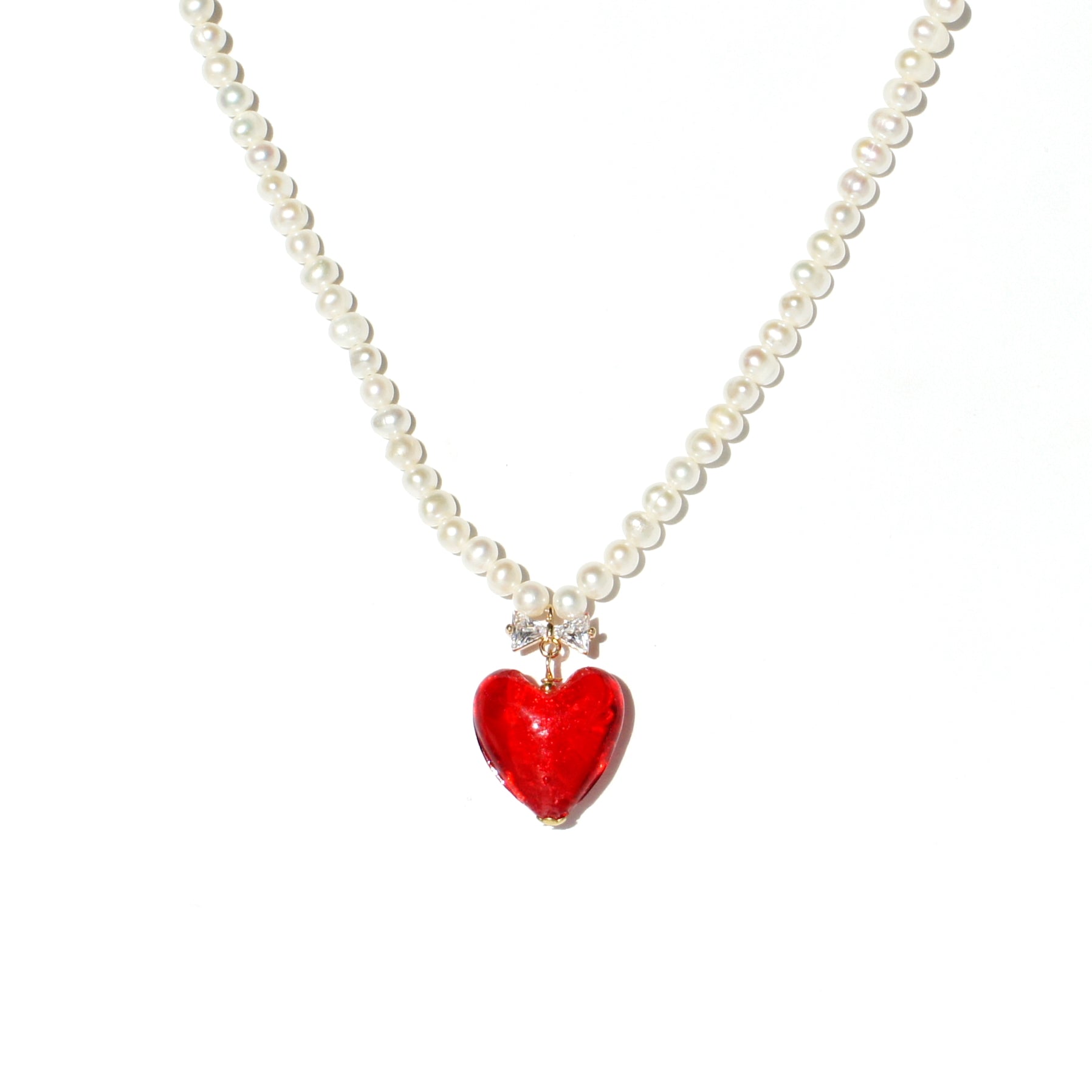 Whisper of Heart Freshwater Pearl Necklace with Crystal Bow and Heart Pendant
