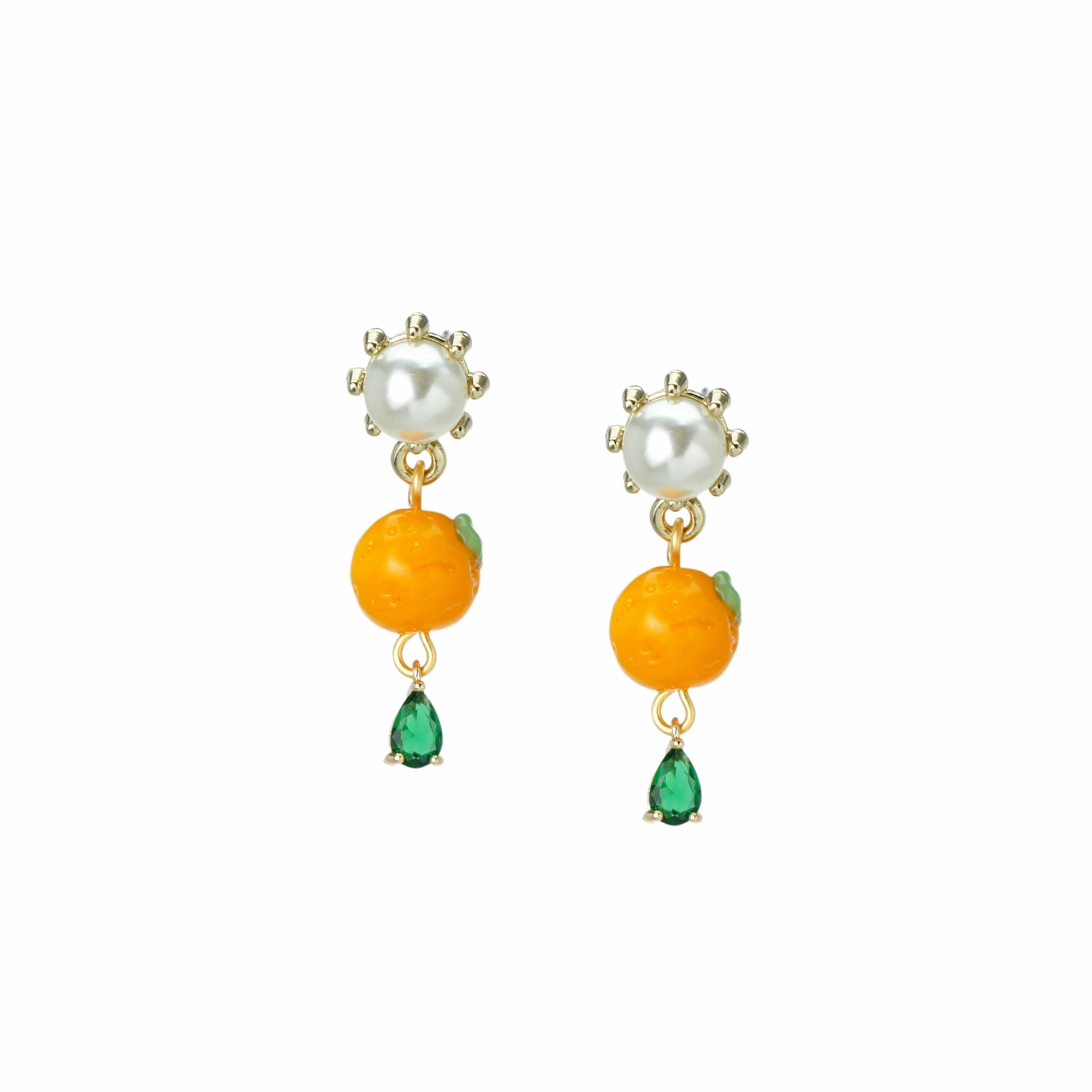 Cutie Pie Lampwork Glass Tangerine and Crystal Drop Earrings with Pearl Studs