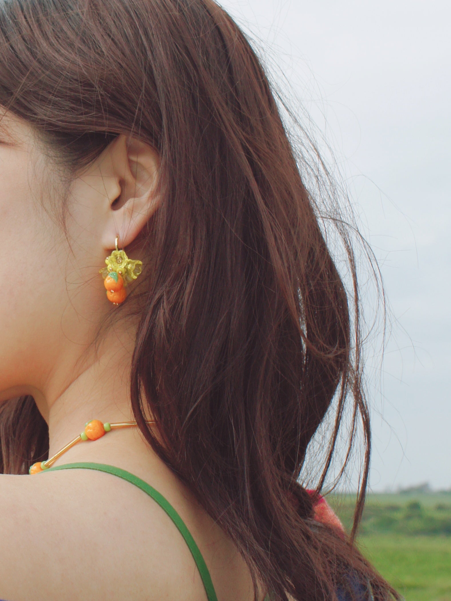 Cutie Pie Lampwork Glass Tangerine and Flower Drop Earrings