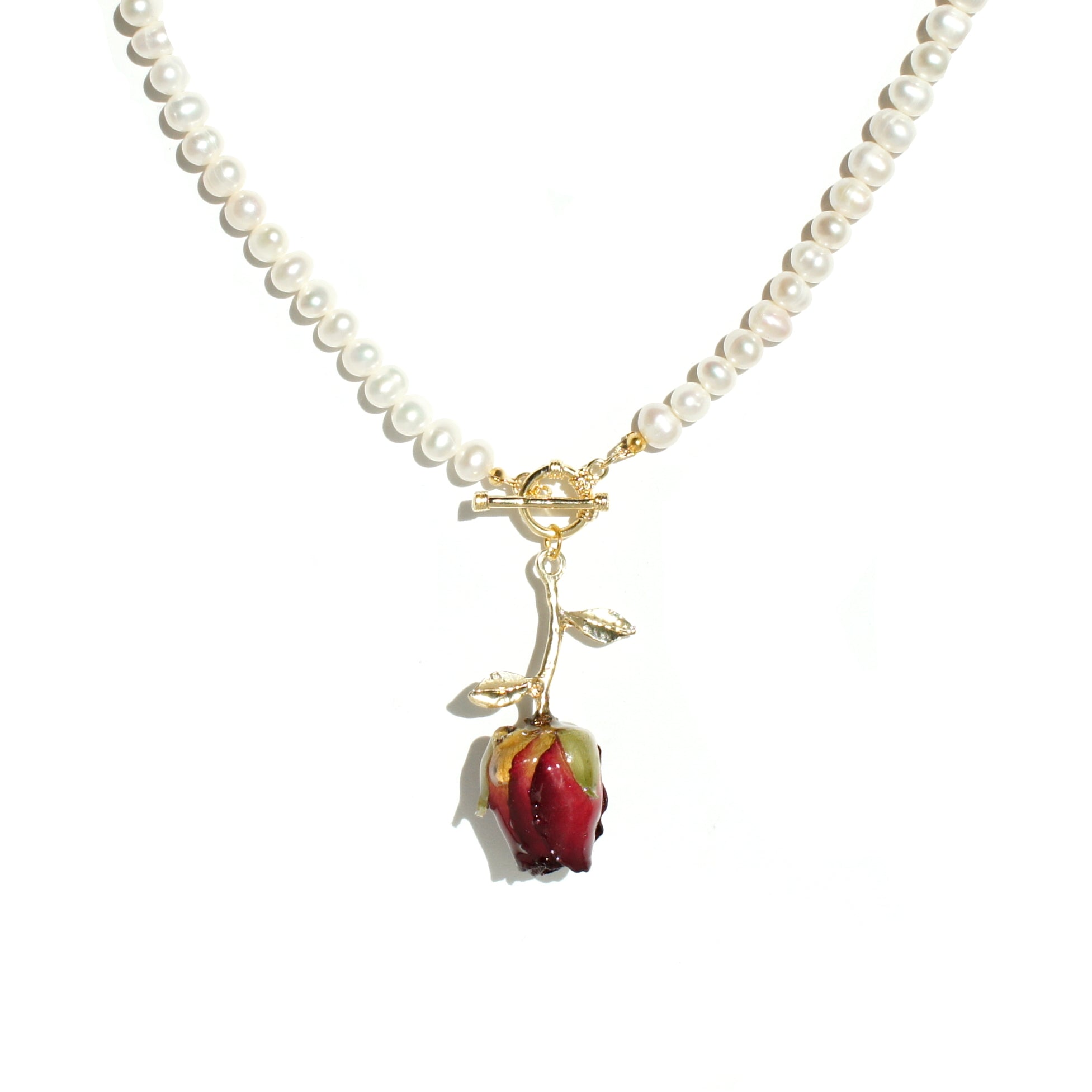 *REAL FLOWER* Grande Amore Freshwater Pearl Choker Necklace with Rosebud Pendant