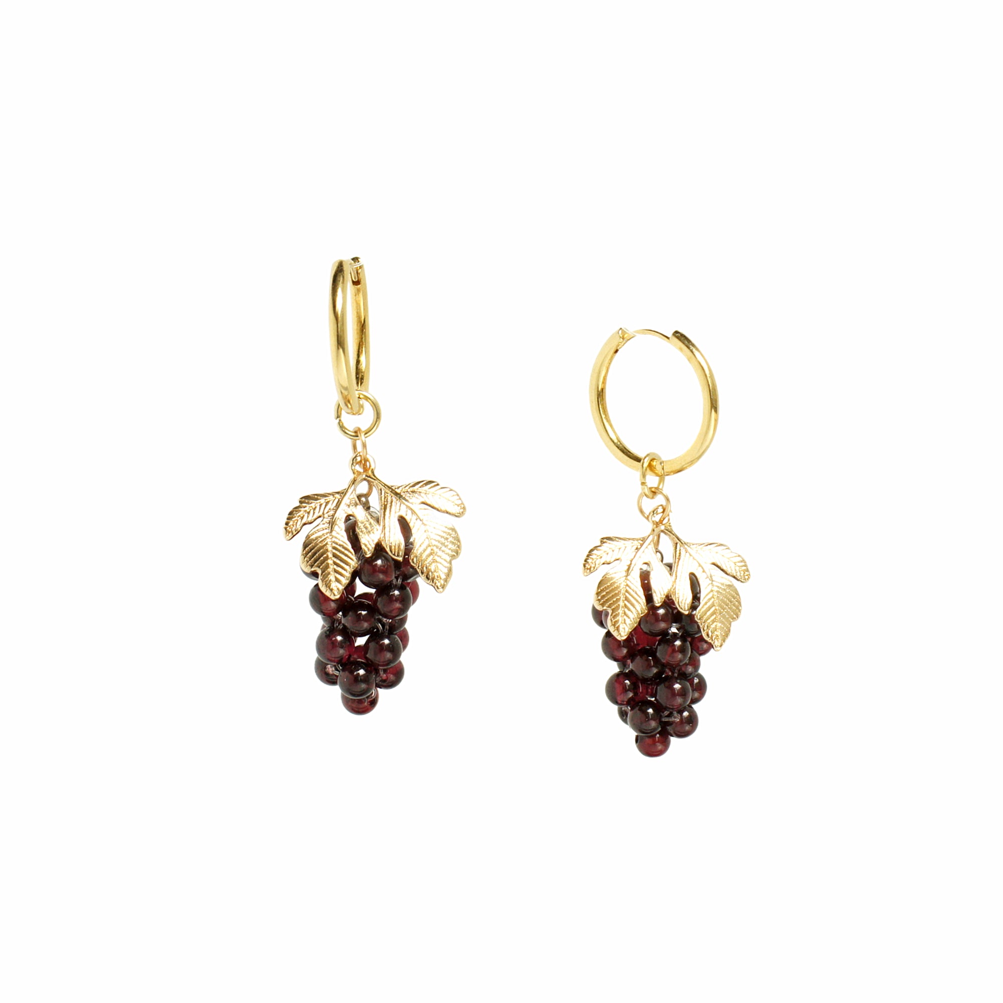 Very Grapeful Beaded Gemstone Grape Drop Hoop Earrings with Golden Leaves