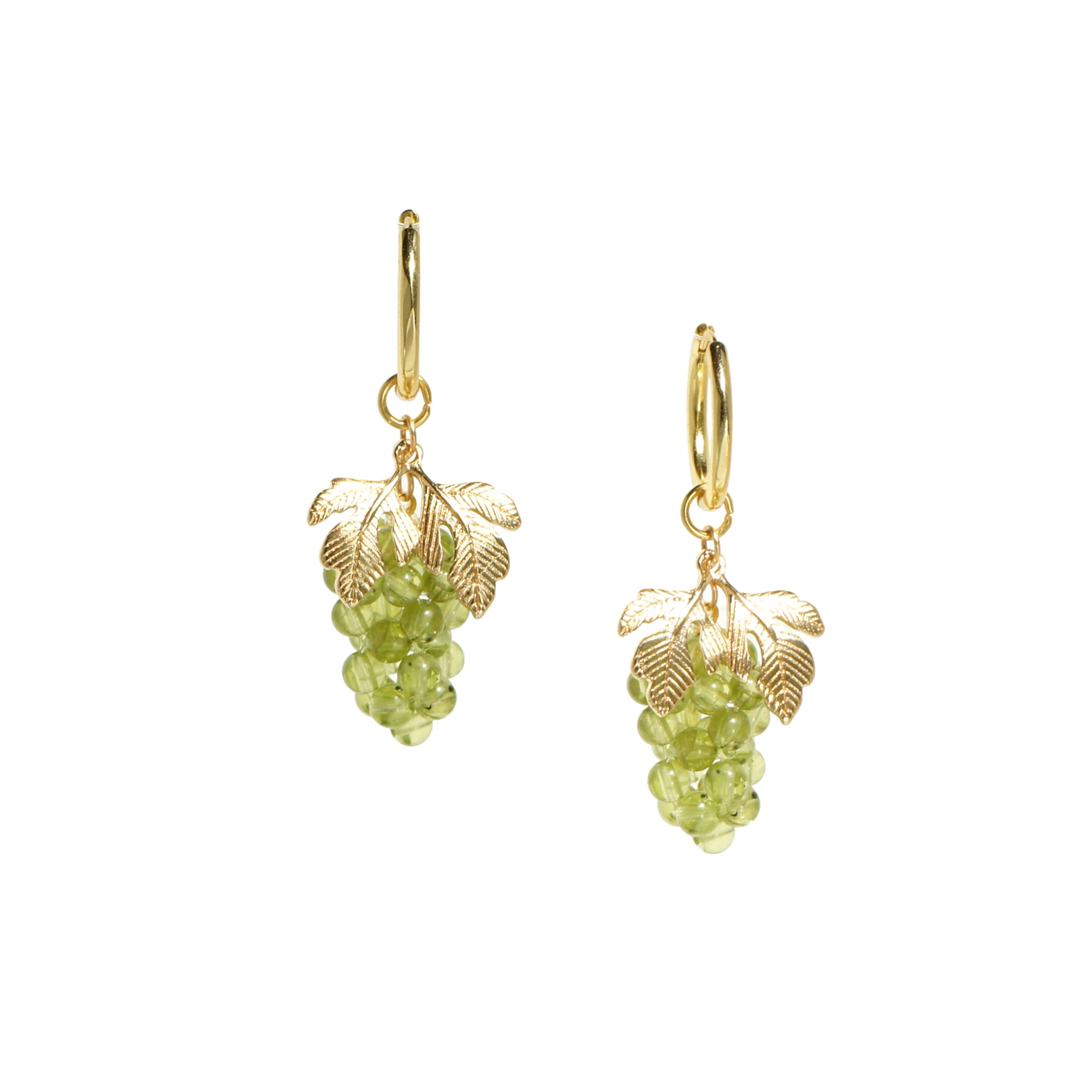 Very Grapeful Beaded Gemstone Grape Drop Hoop Earrings with Golden Leaves