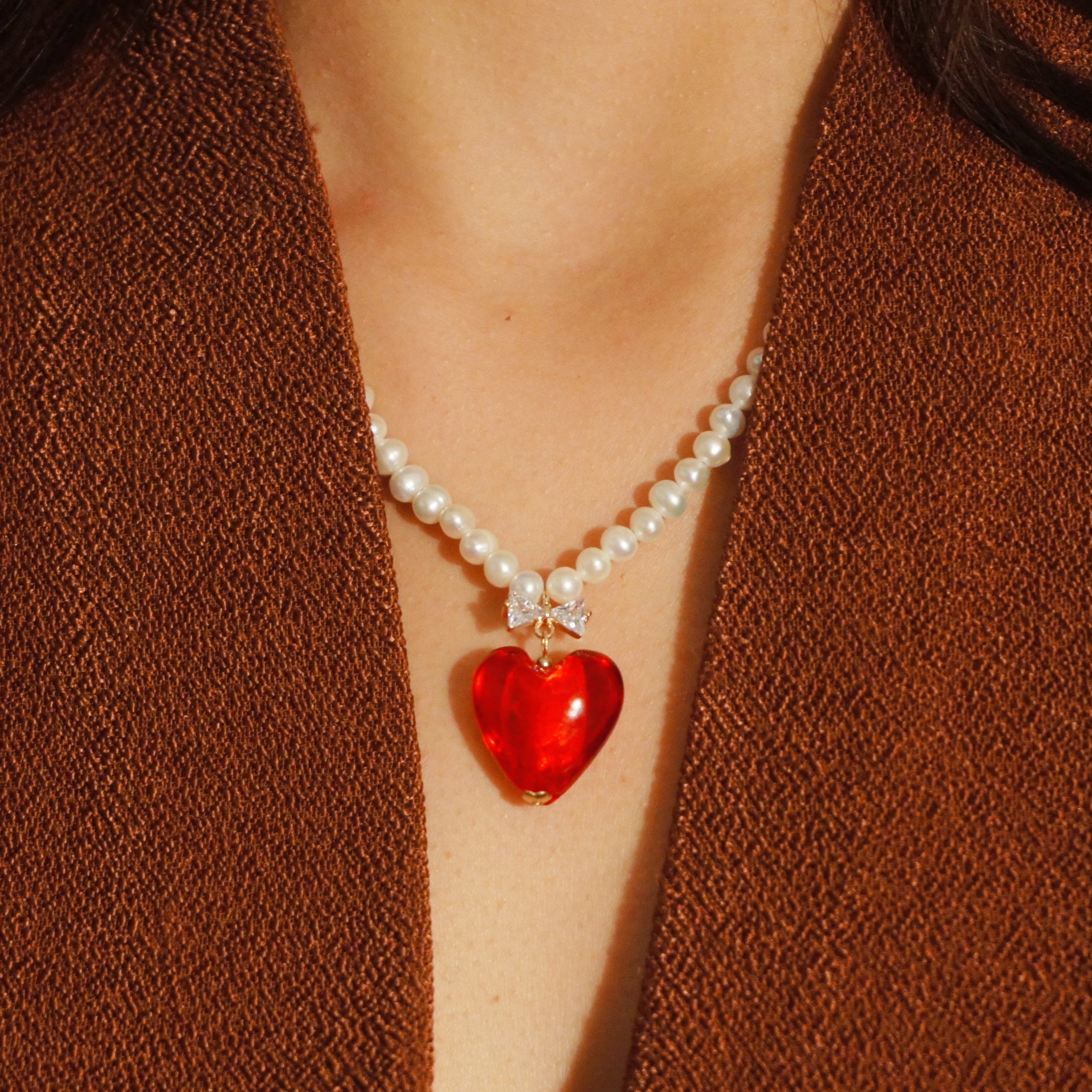 Whisper of Heart Freshwater Pearl Necklace with Crystal Bow and Heart Pendant