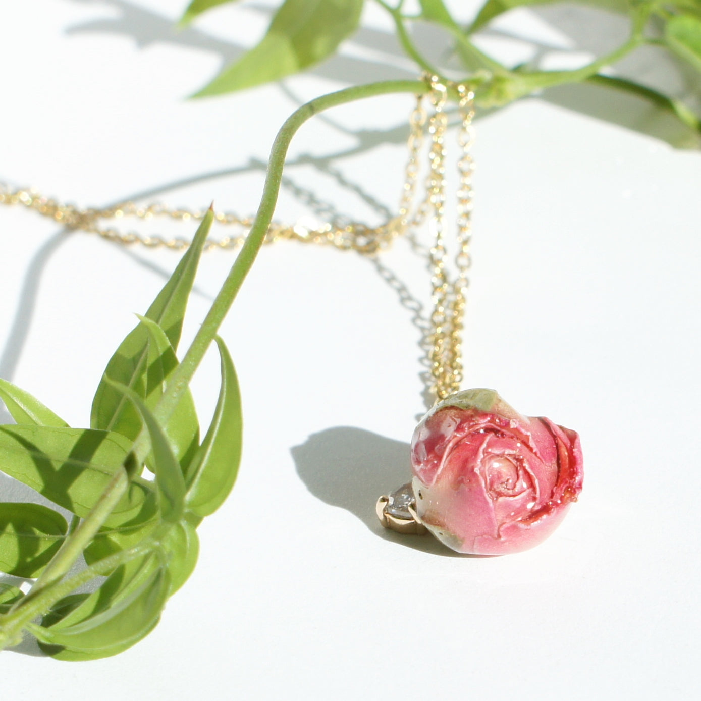 *REAL FLOWER* Ingrid Chain Necklace with Rosebud, Crystal and Pearl Pendants
