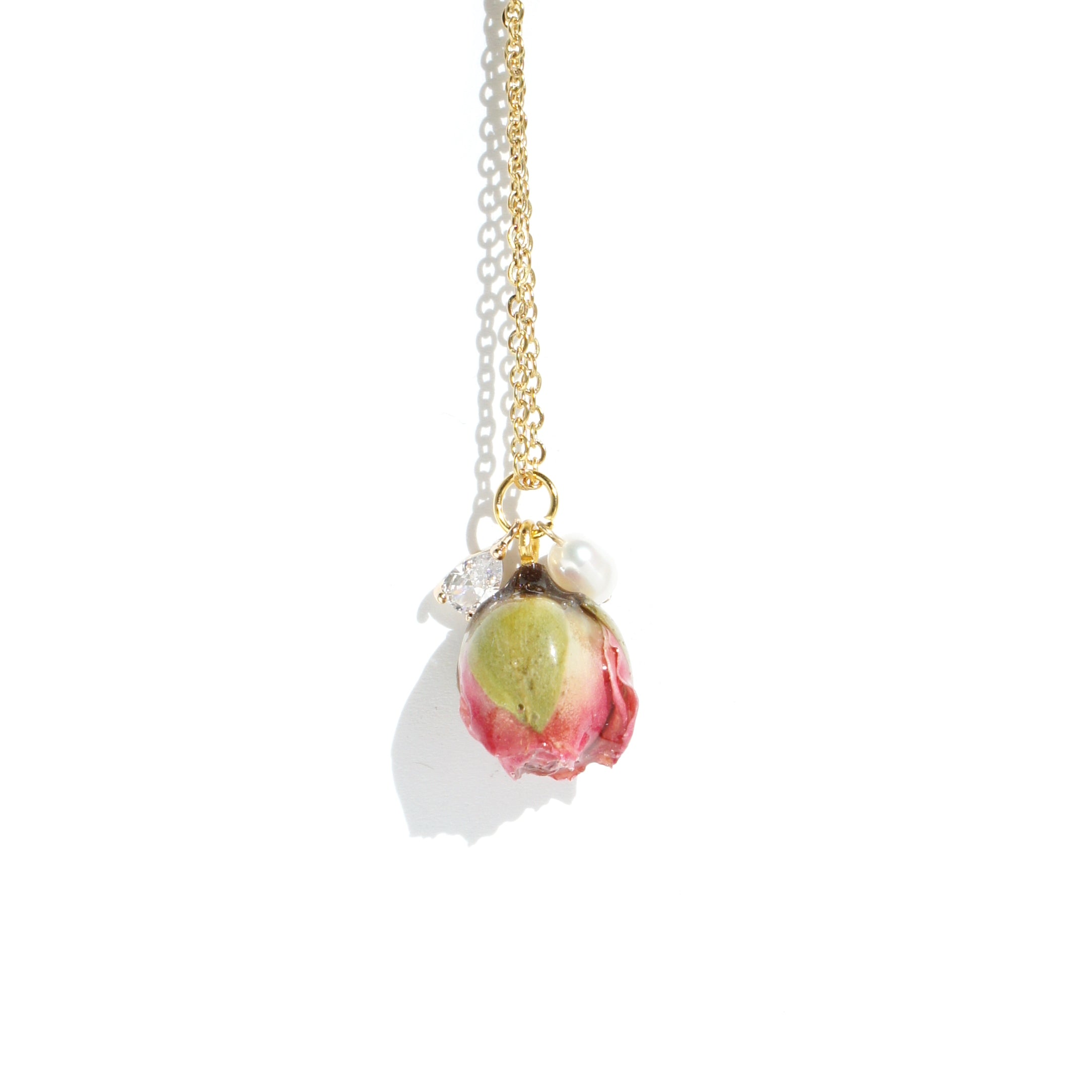 *REAL FLOWER* Ingrid Chain Necklace with Rosebud, Crystal and Pearl Pendants