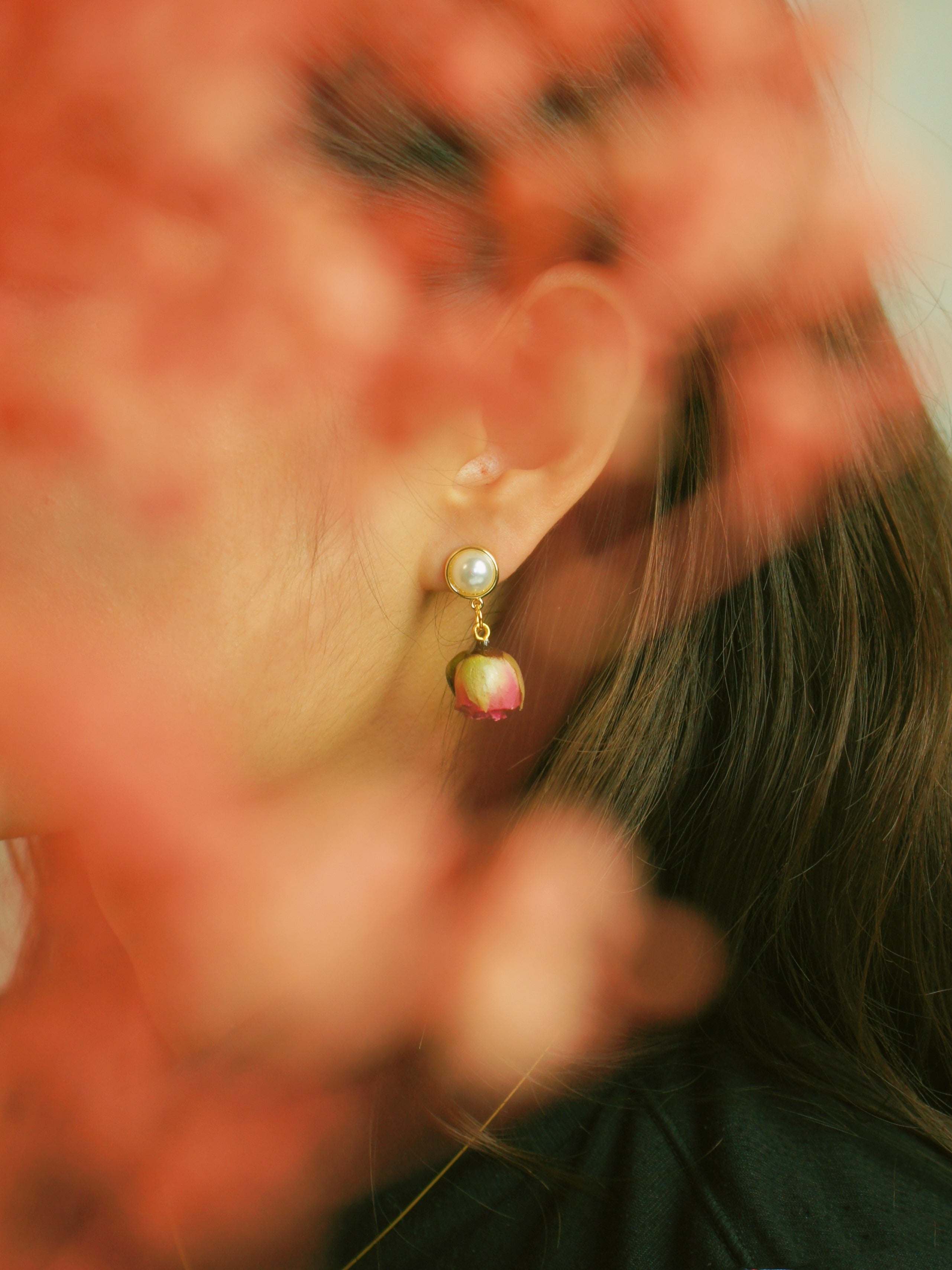 *REAL FLOWER* Ingrid Rosebud Drop Earrings with Pearl Studs