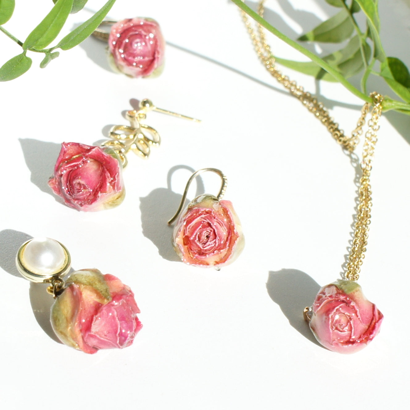 *REAL FLOWER* Ingrid Rosebud Drop Earrings with Pearl Studs