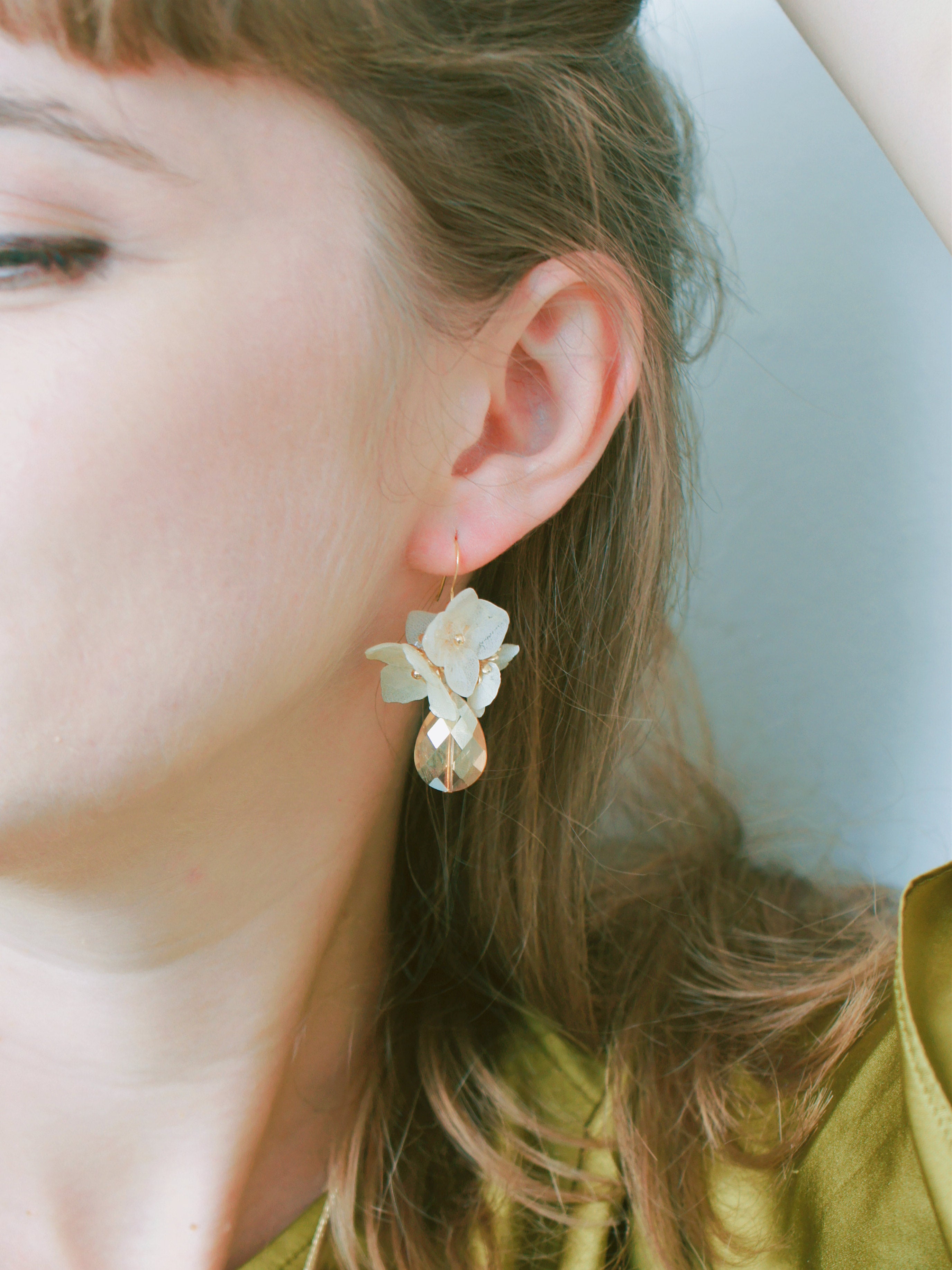 *REAL FLOWER* In the Dawn Hydrangea and Crystal Drop Earrings