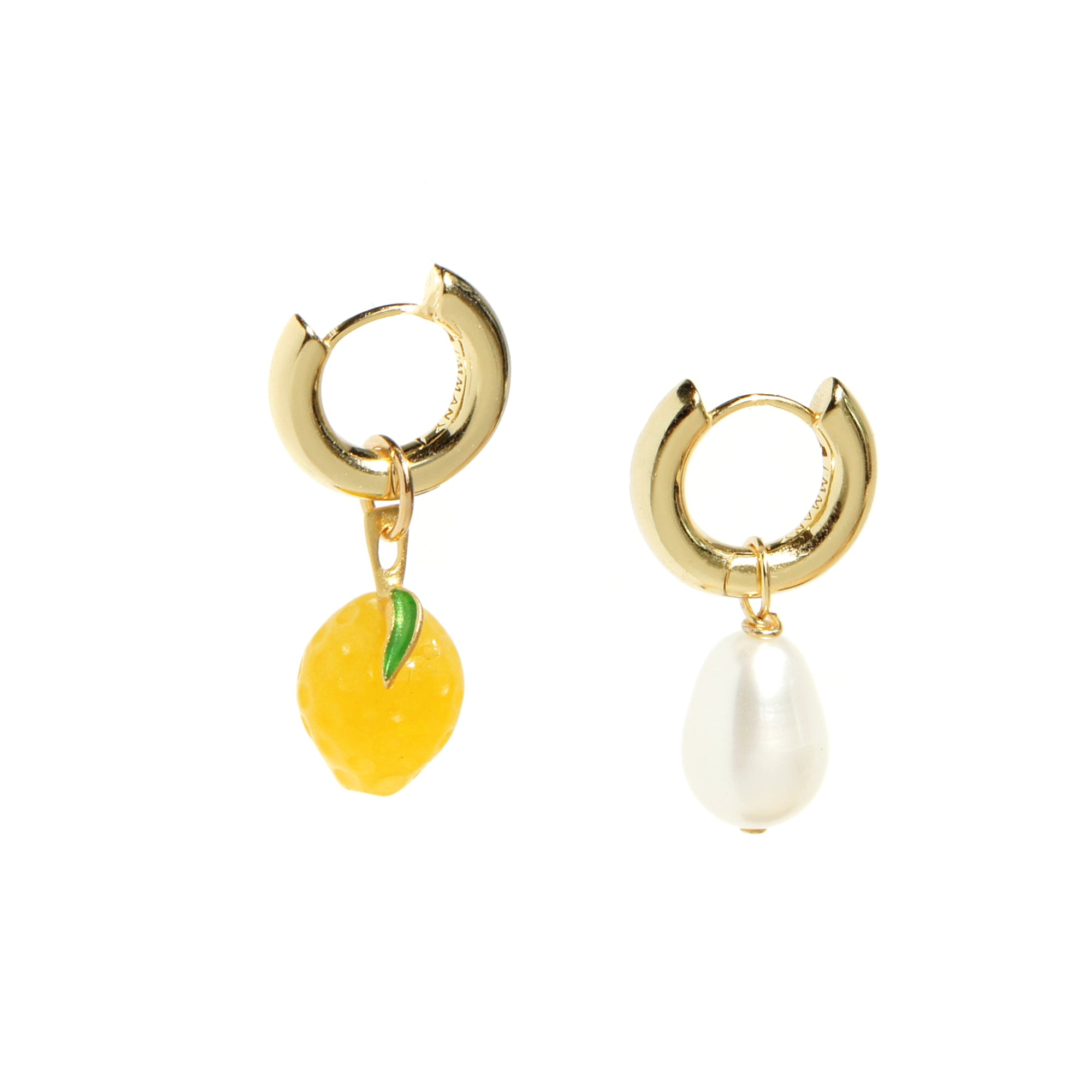 Organic Produce Fruit and Pearl Asymmetrical Hoop Earrings, 18k Gold Vermeil