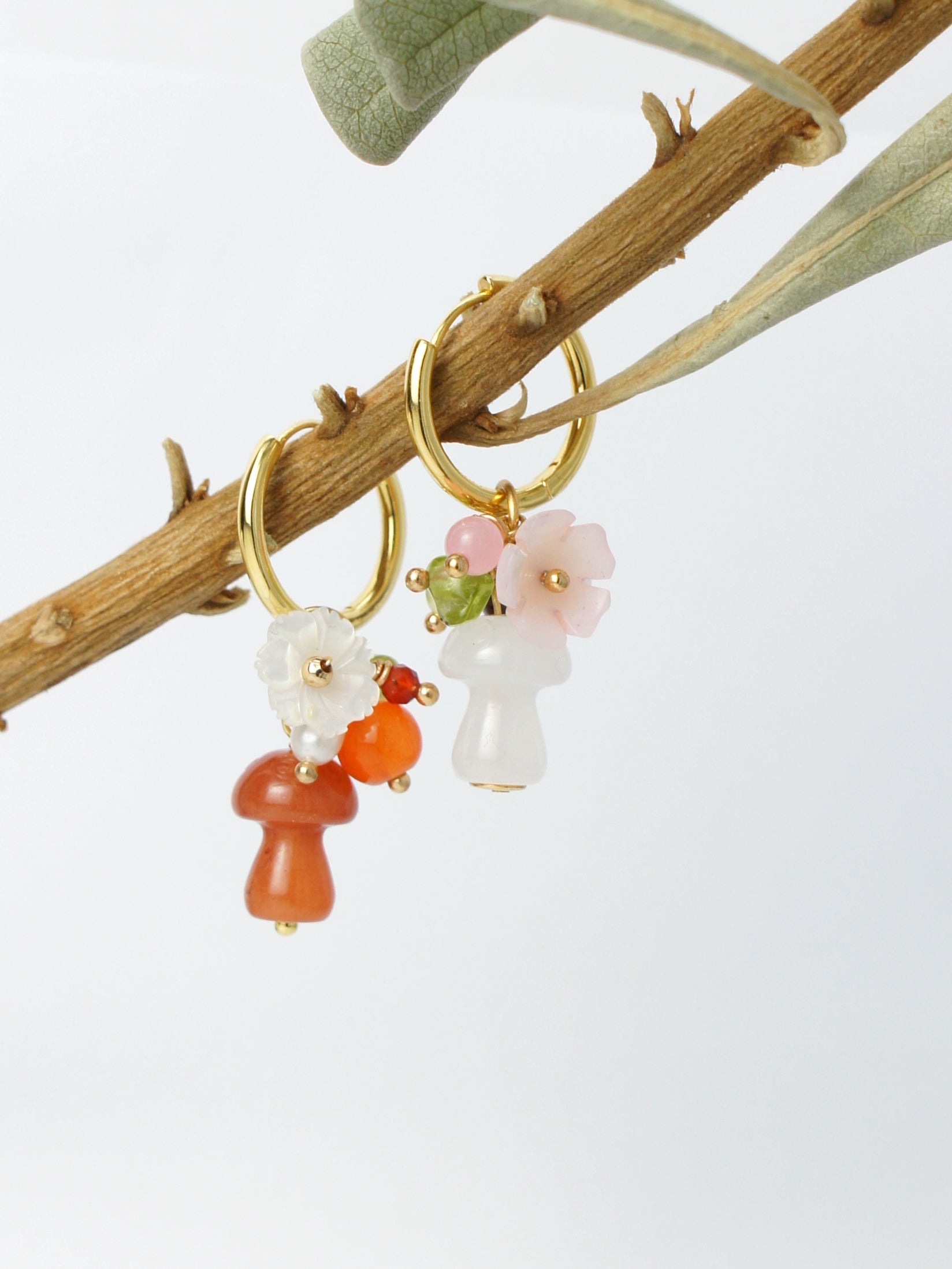 Organic Produce Jade Mushroom and Flower Drop Earrings