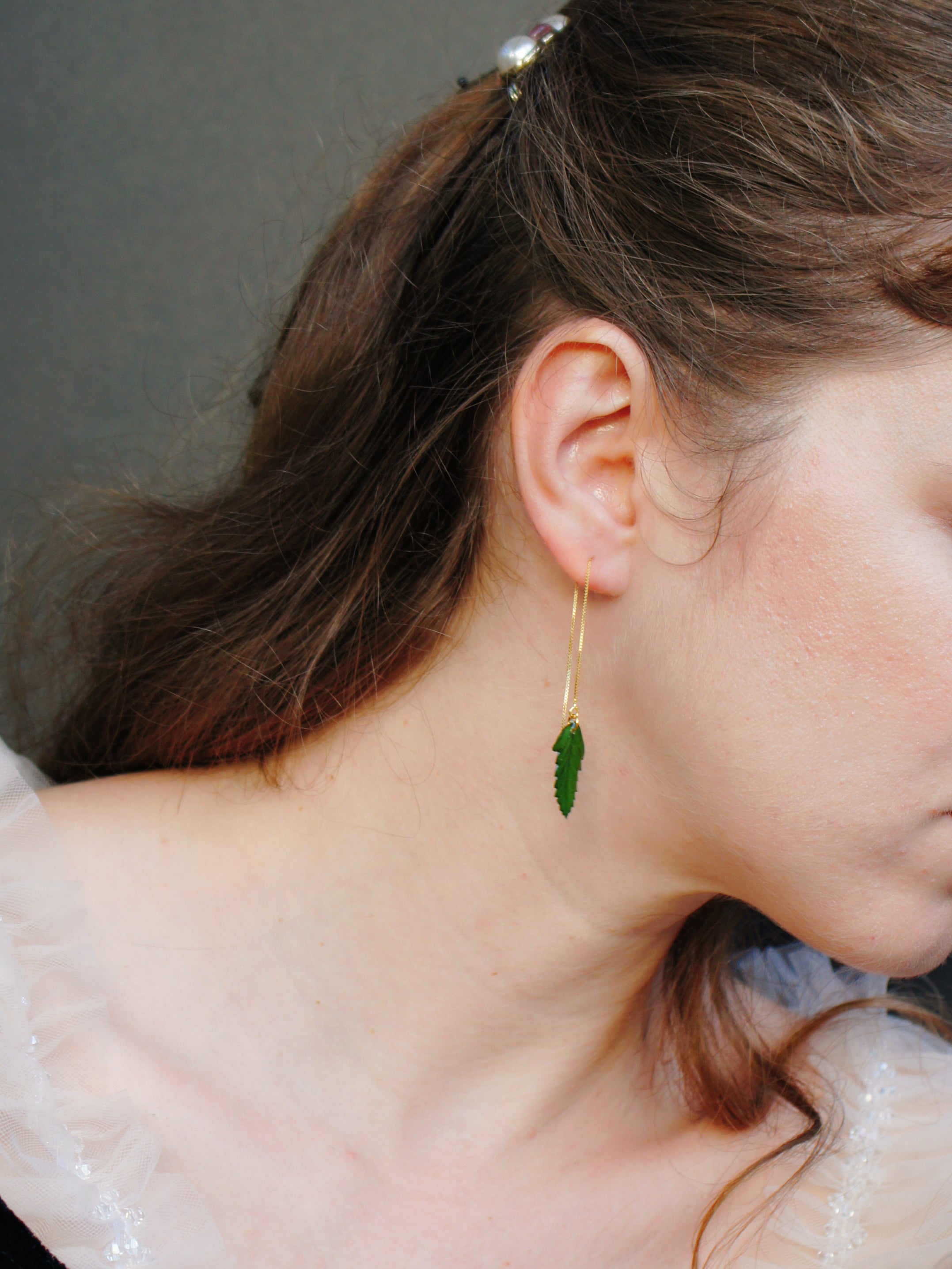 *REAL LEAVES* Be-leaf Leaf Drop 18k Gold Vermeil Threader Earrings