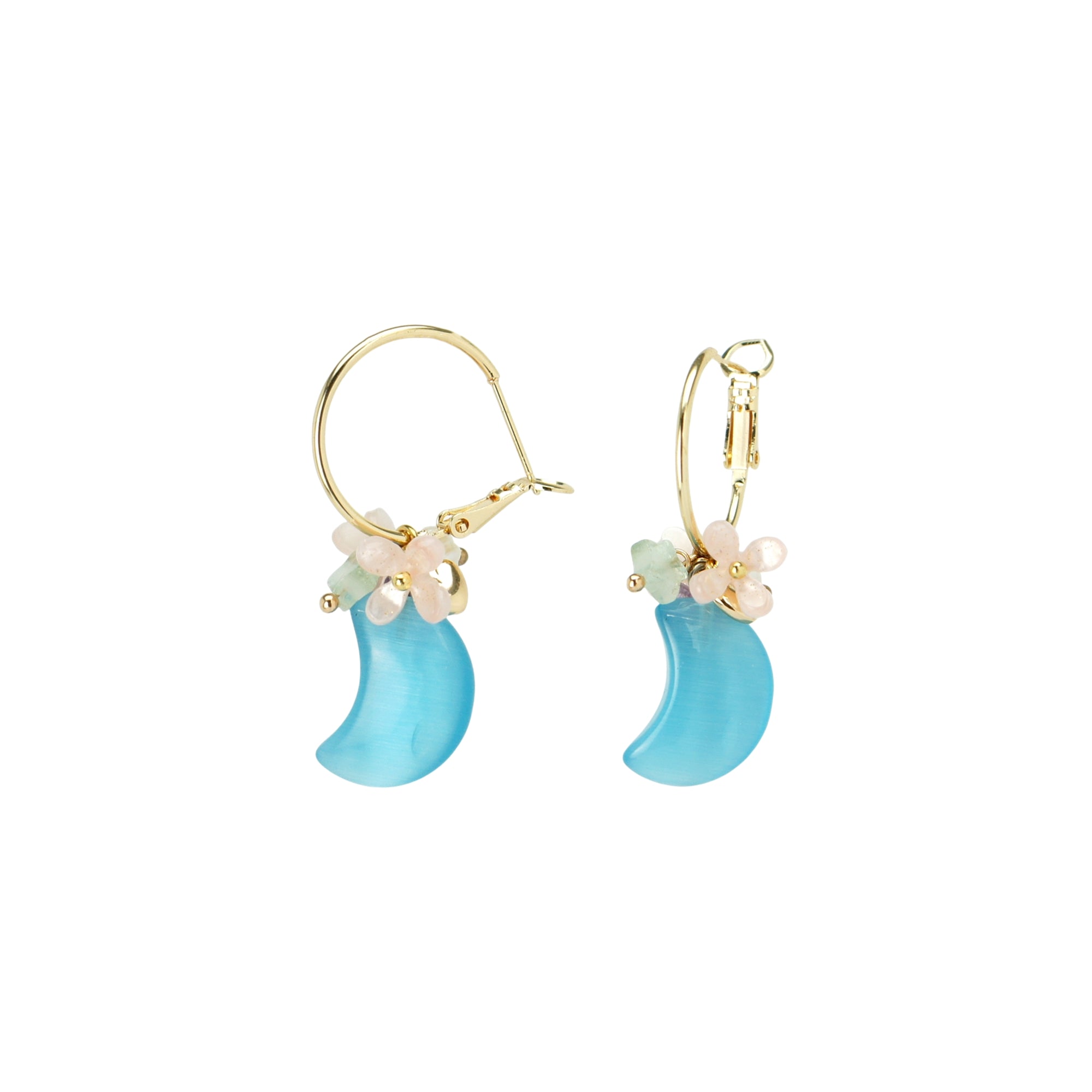 Luna Flower, Pearl and Moon Drop Hoop Earrings