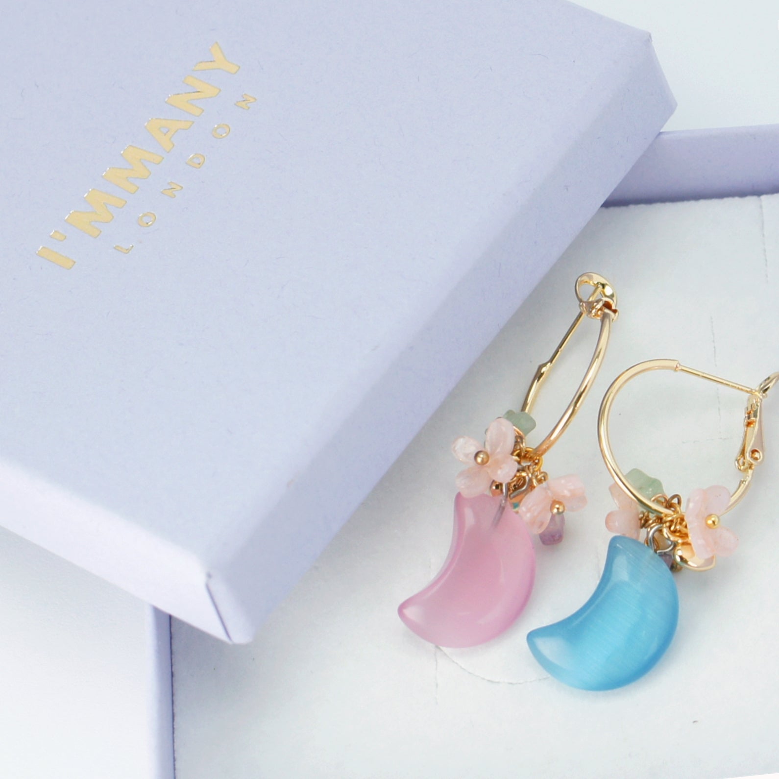 Luna Flower, Pearl and Moon Drop Hoop Earrings