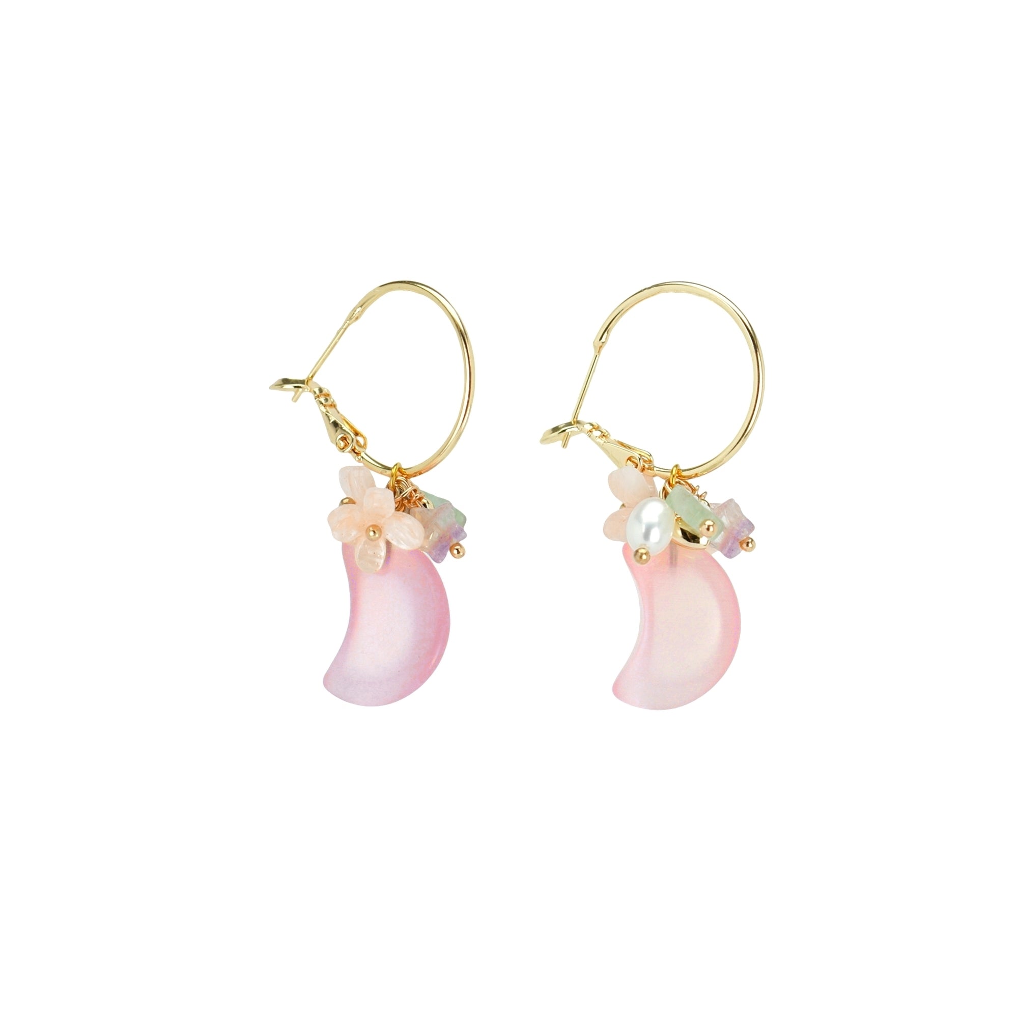 Luna Flower, Pearl and Moon Drop Hoop Earrings