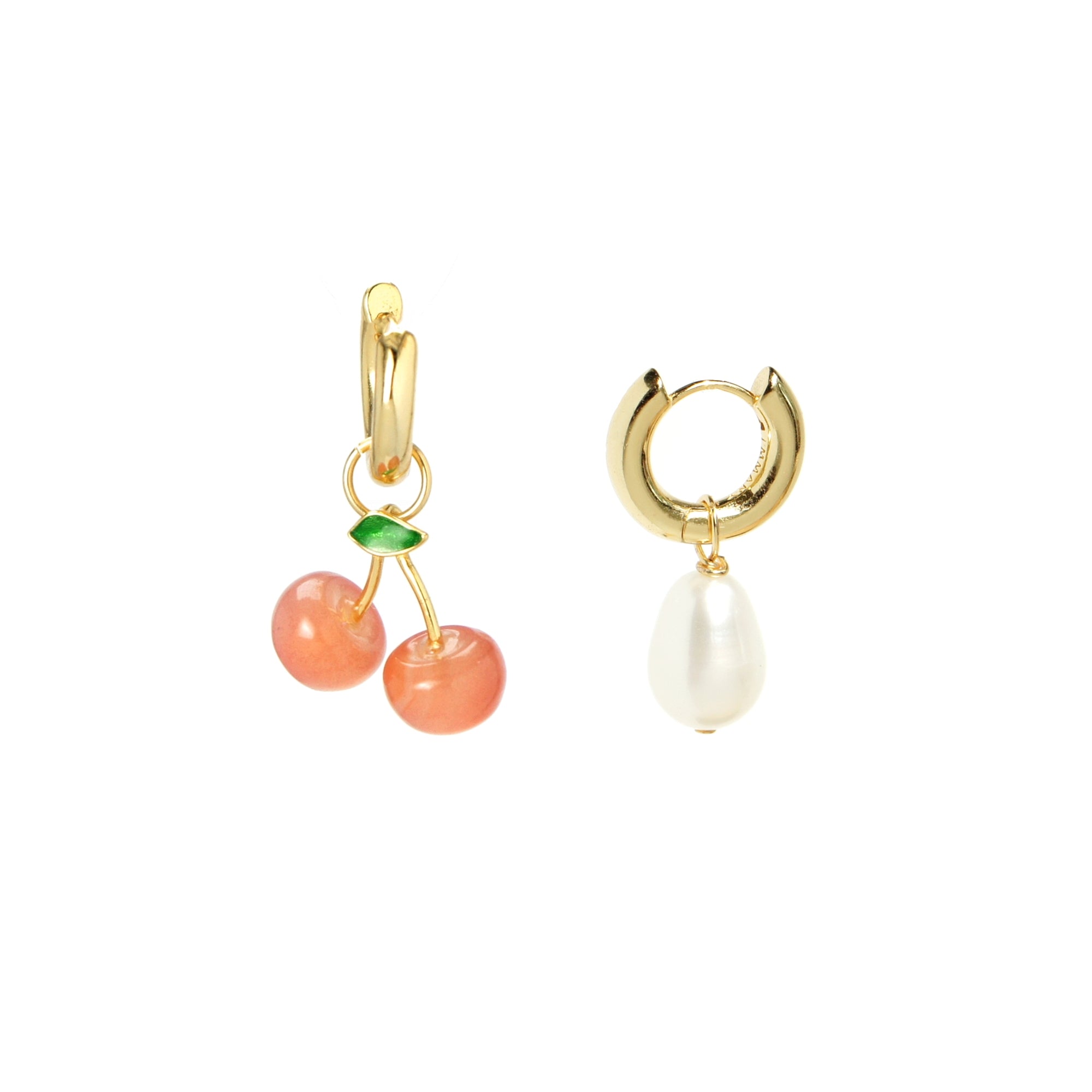 Organic Produce Fruit and Pearl Asymmetrical Hoop Earrings, 18k Gold Vermeil