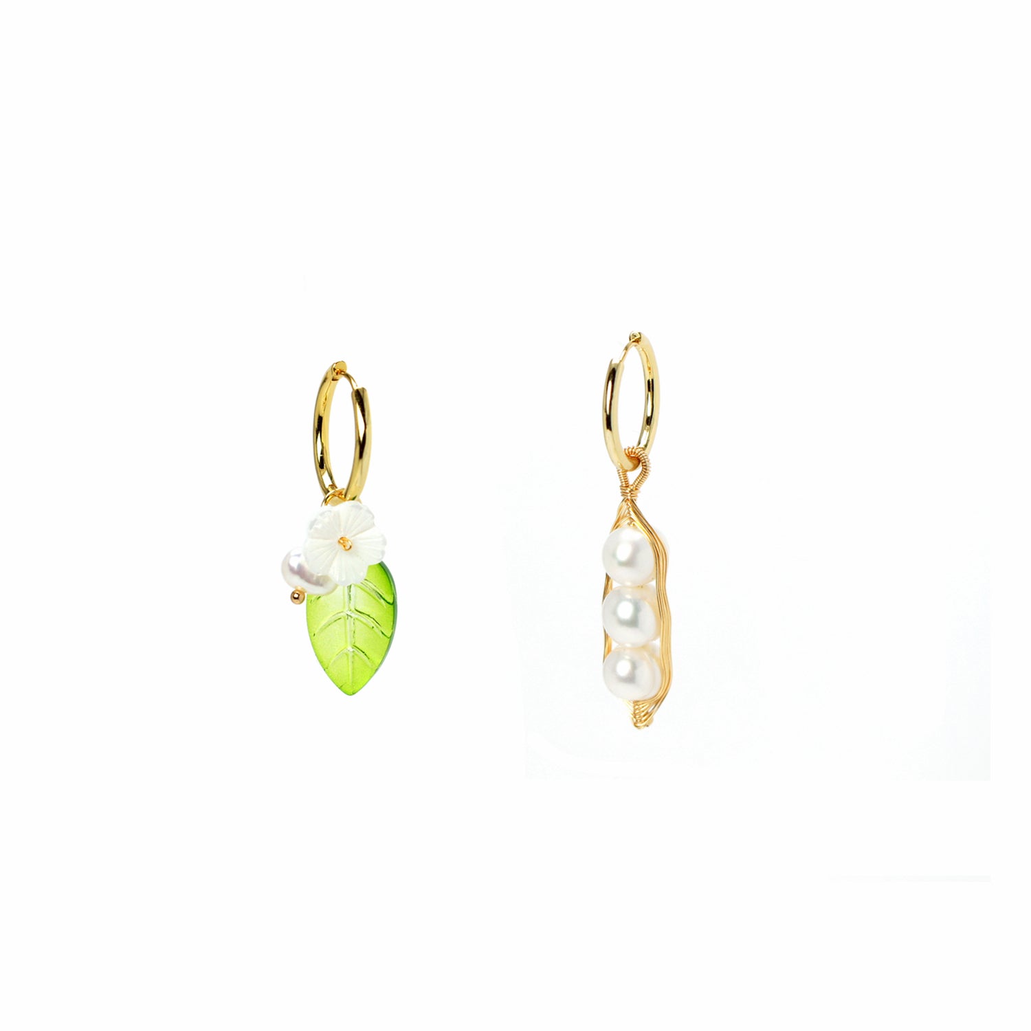 Garden Peas Asymmetrical Hoop and Charm Earrings