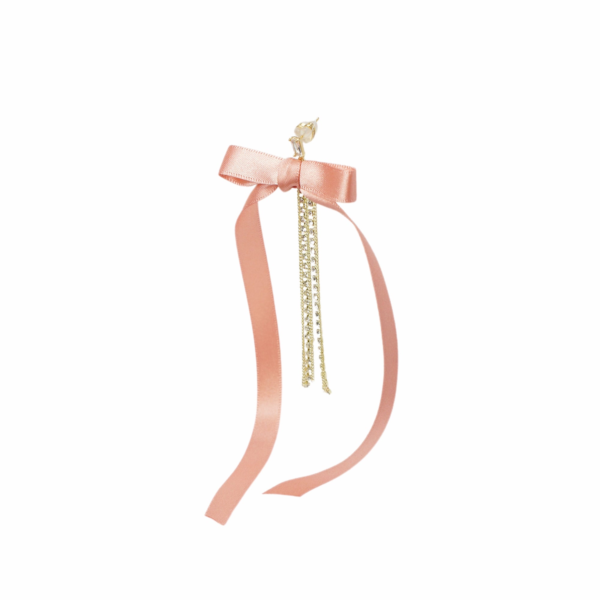 Pink Ribbon Bow and Crystal Fringe Drop Single Earring