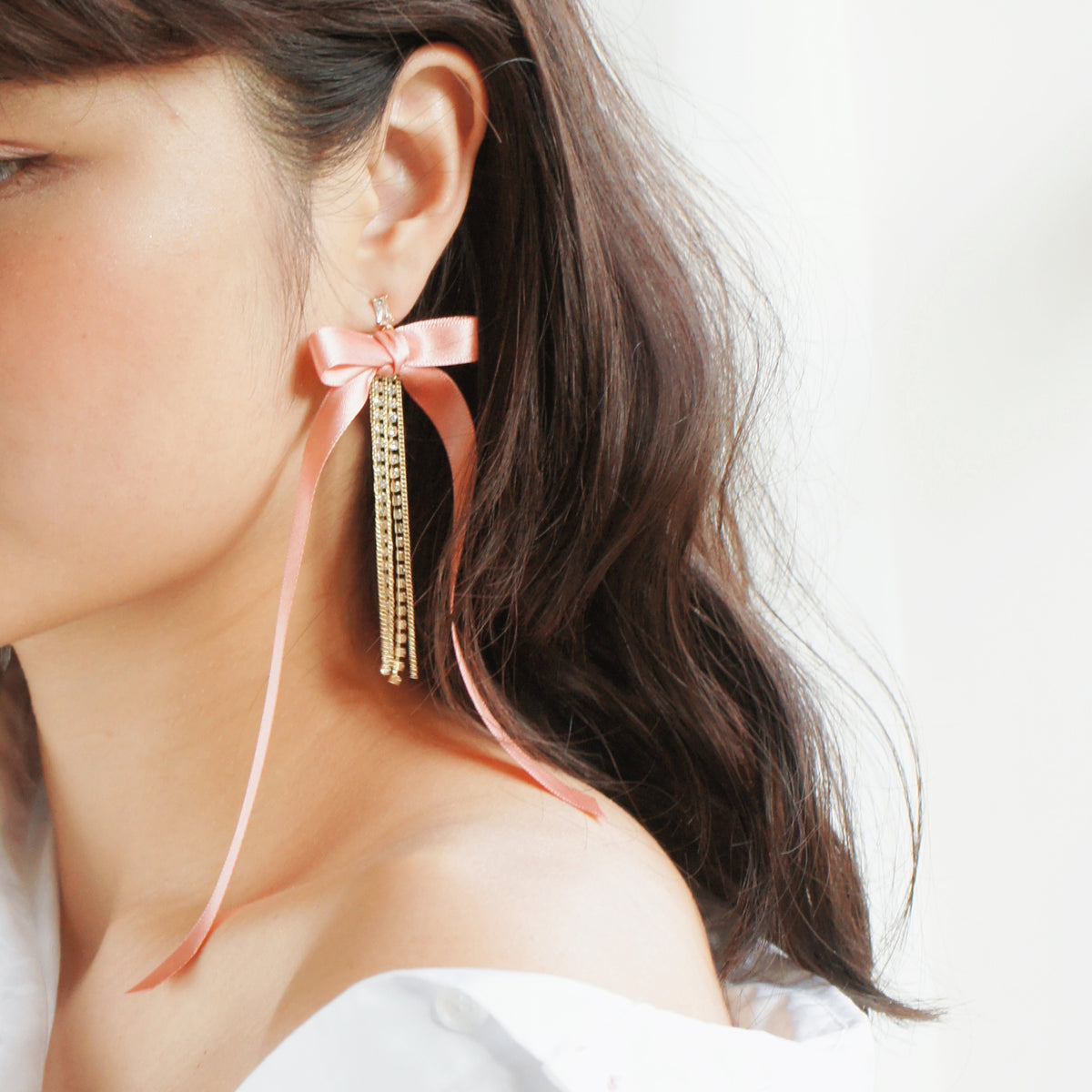 Pink Ribbon Bow and Crystal Fringe Drop Single Earring