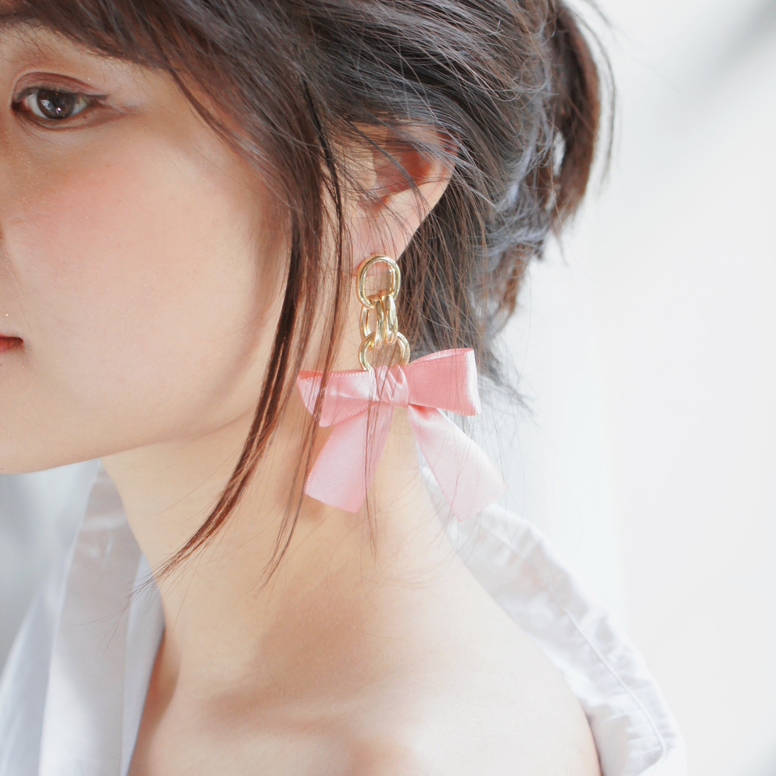 Pink Ribbon Bow and Golden Links Earrings