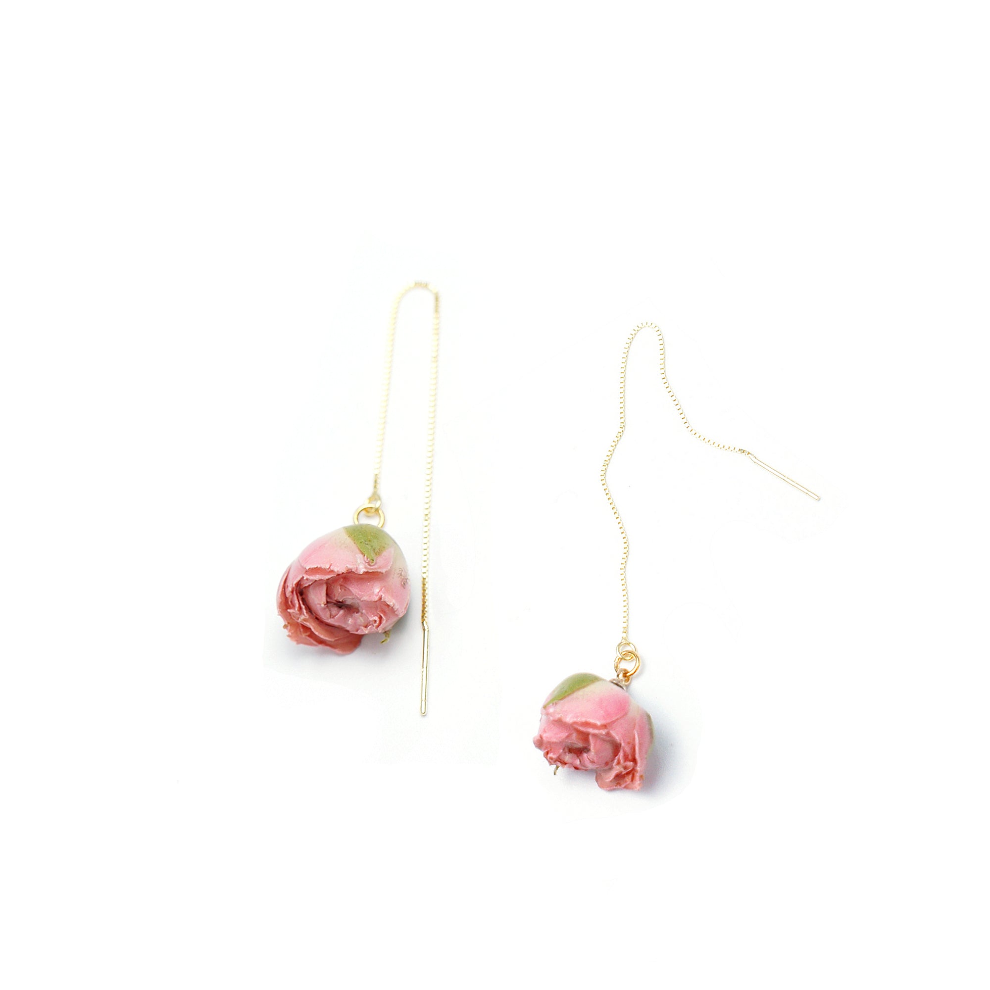 *REAL FLOWER* Bella Rosa Pink Rosebud 18k Gold Vermeil Threader Earrings