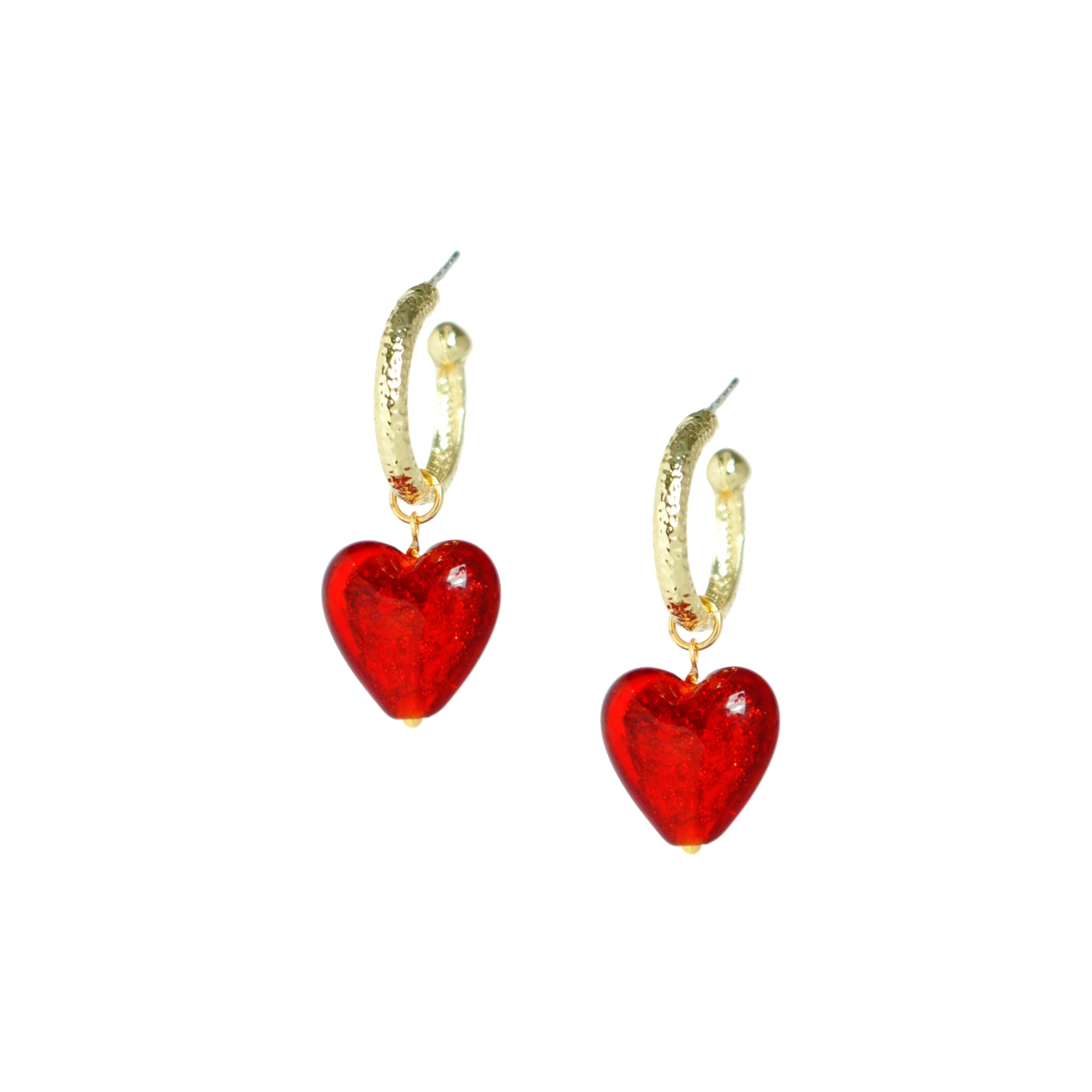 My Precious Lampwork Glass Heart Earrings with Textured Golden Hoops