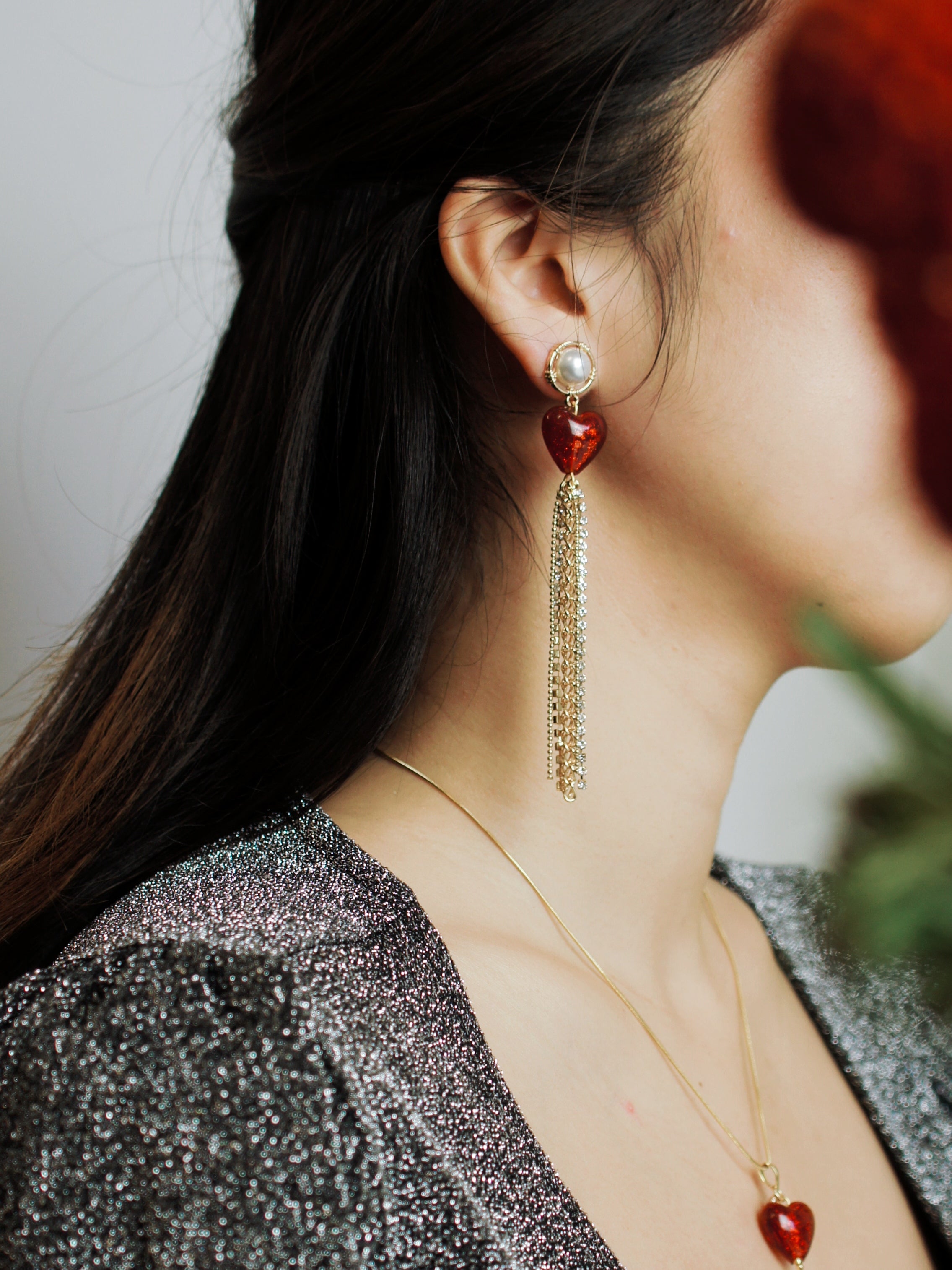 My Precious Lampwork Glass Heart Earrings with Crystal and Chain Fringe Drop