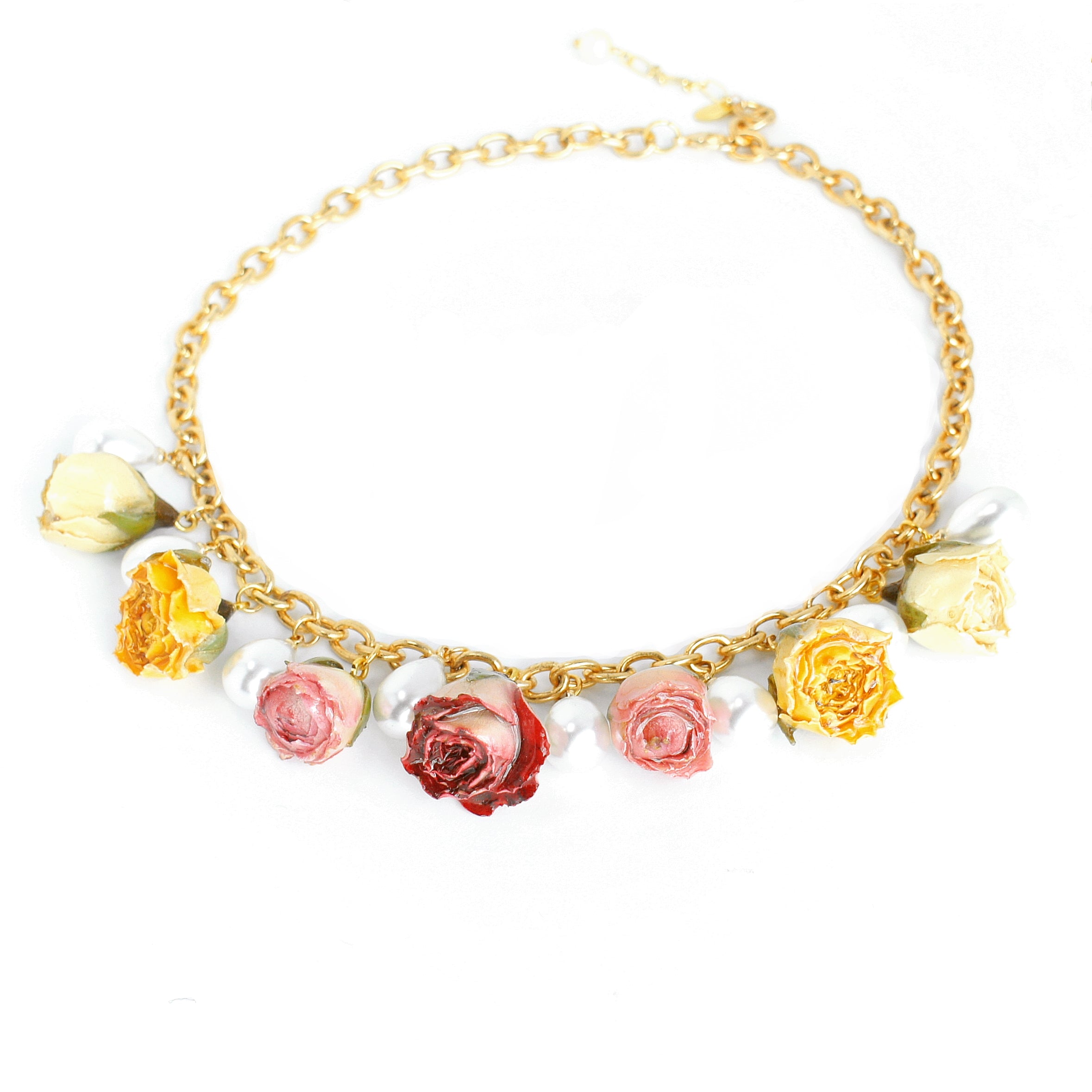 *REAL FLOWER* Queen Anne Rosebud and Teardrop Pearl Charm Necklace