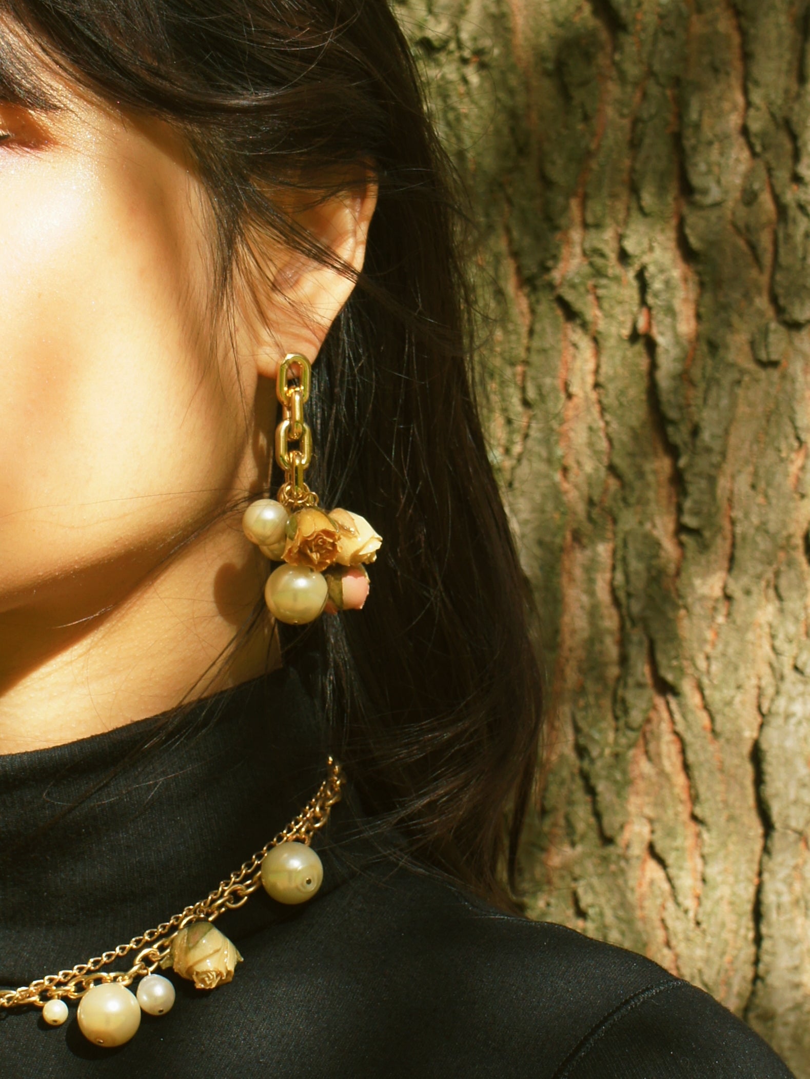*REAL FLOWER* Queen Anne Rosebud and Chain Drop Earrings