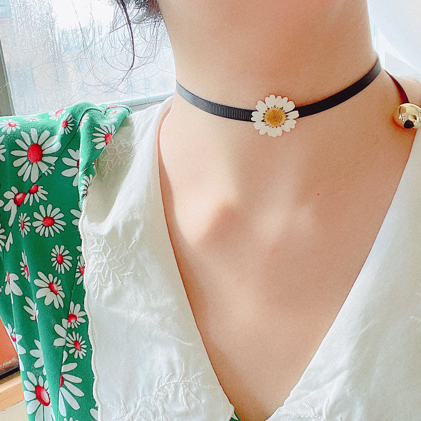 *REAL FLOWER* White Daisy Ribbon-tie Choker Necklace