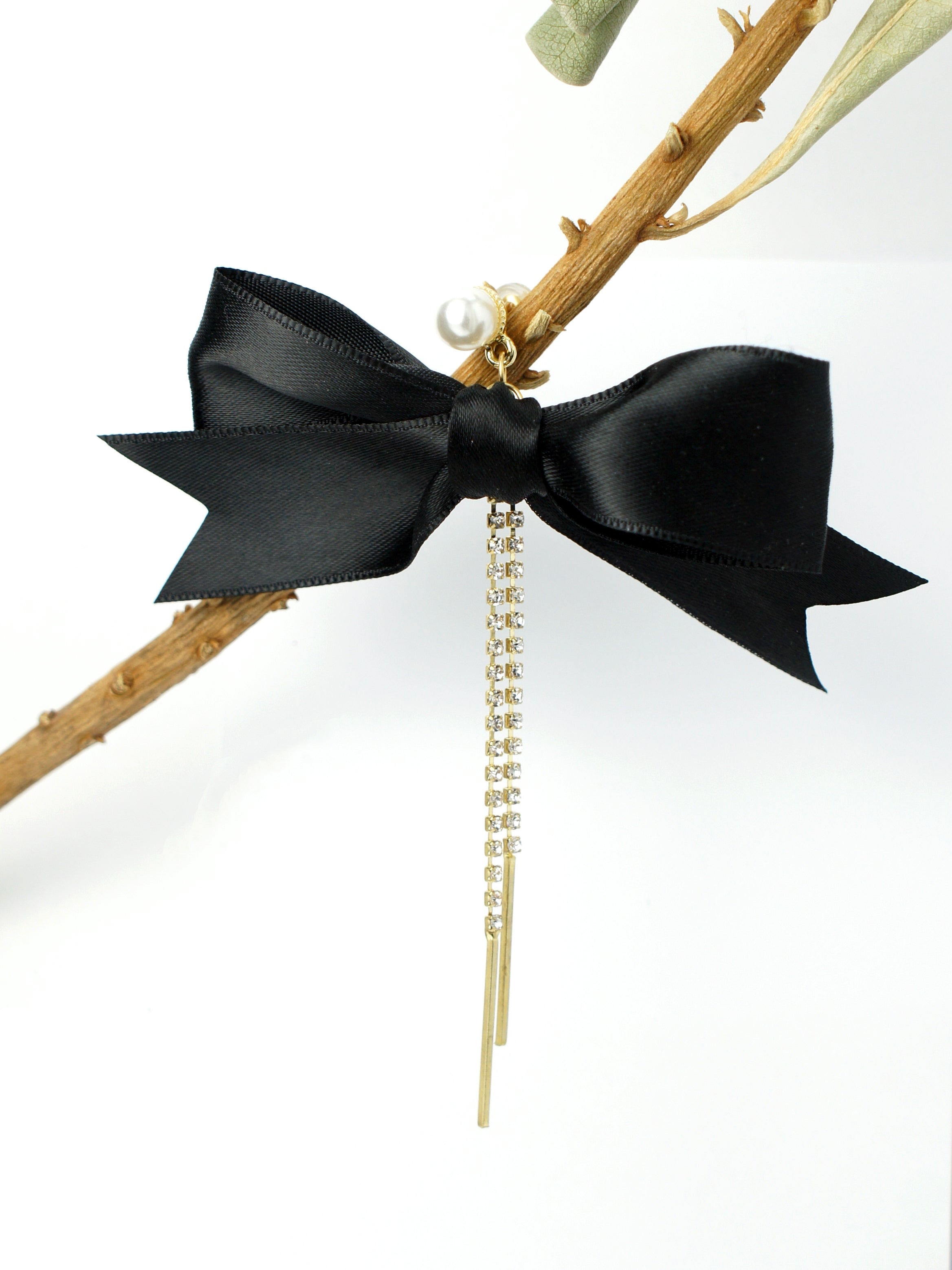 Black Ribbon Bow and Crystal Drop Earring