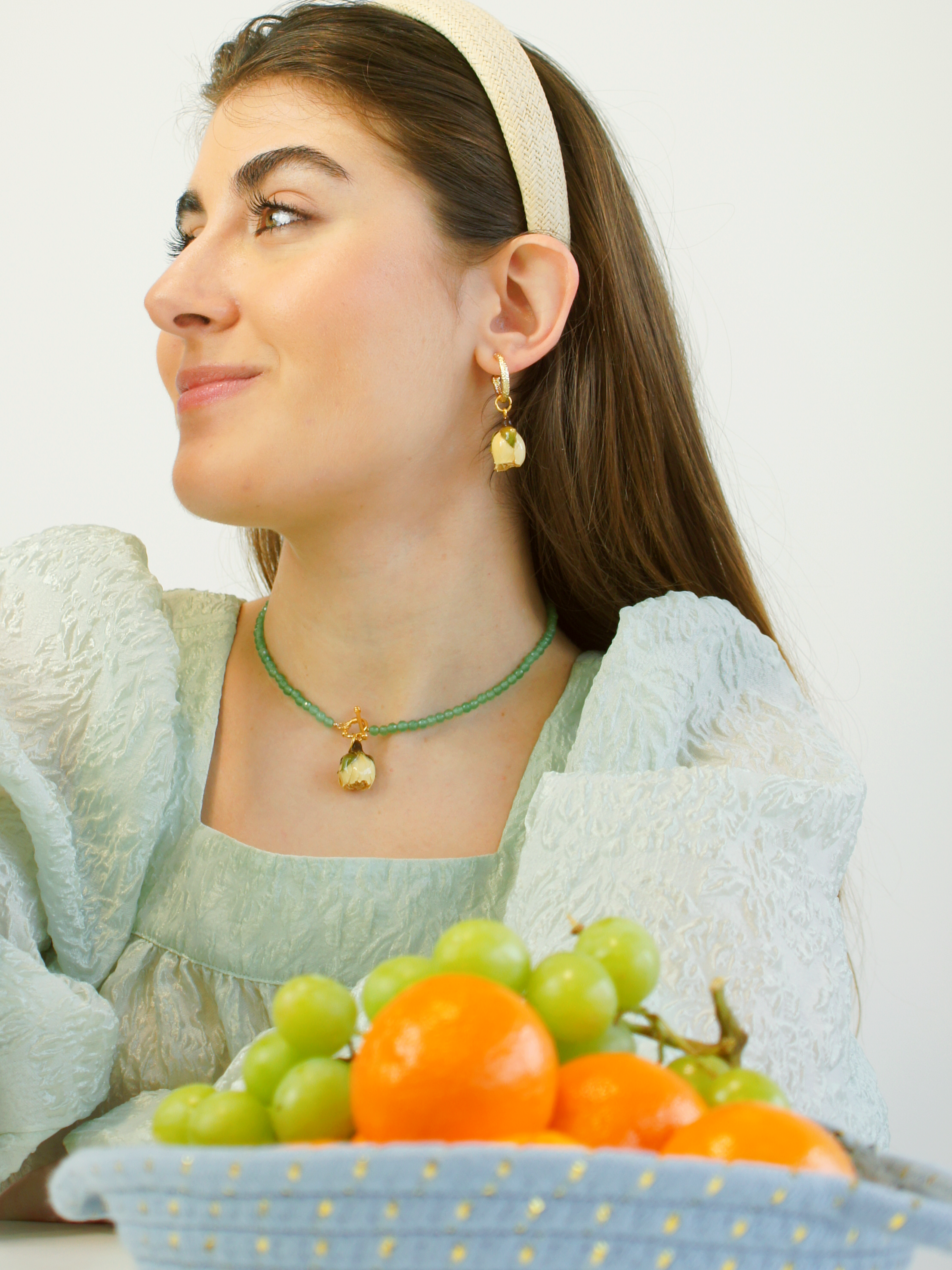 *REAL FLOWER* Rosa Blanca Rosebud and Gemstone Necklace