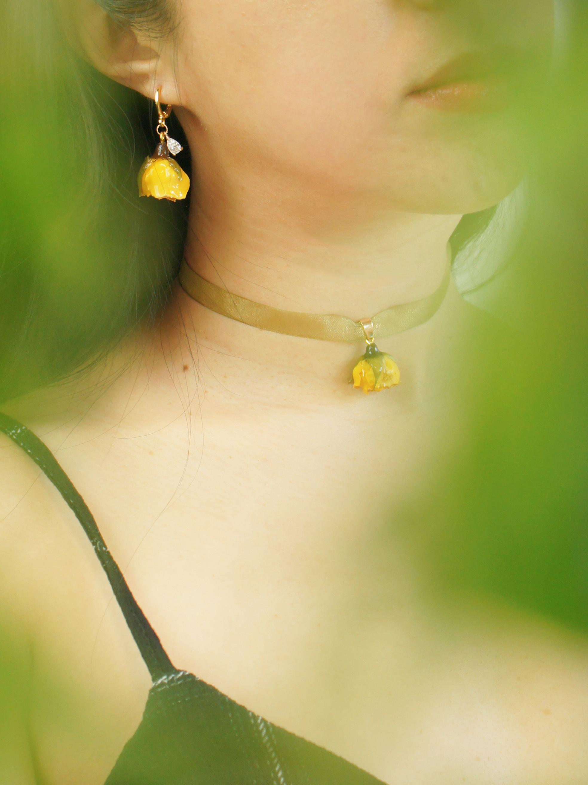 *REAL FLOWER* Rosa Korresia Yellow Rosebud and Crystal Drop Huggie Hoop Earrings