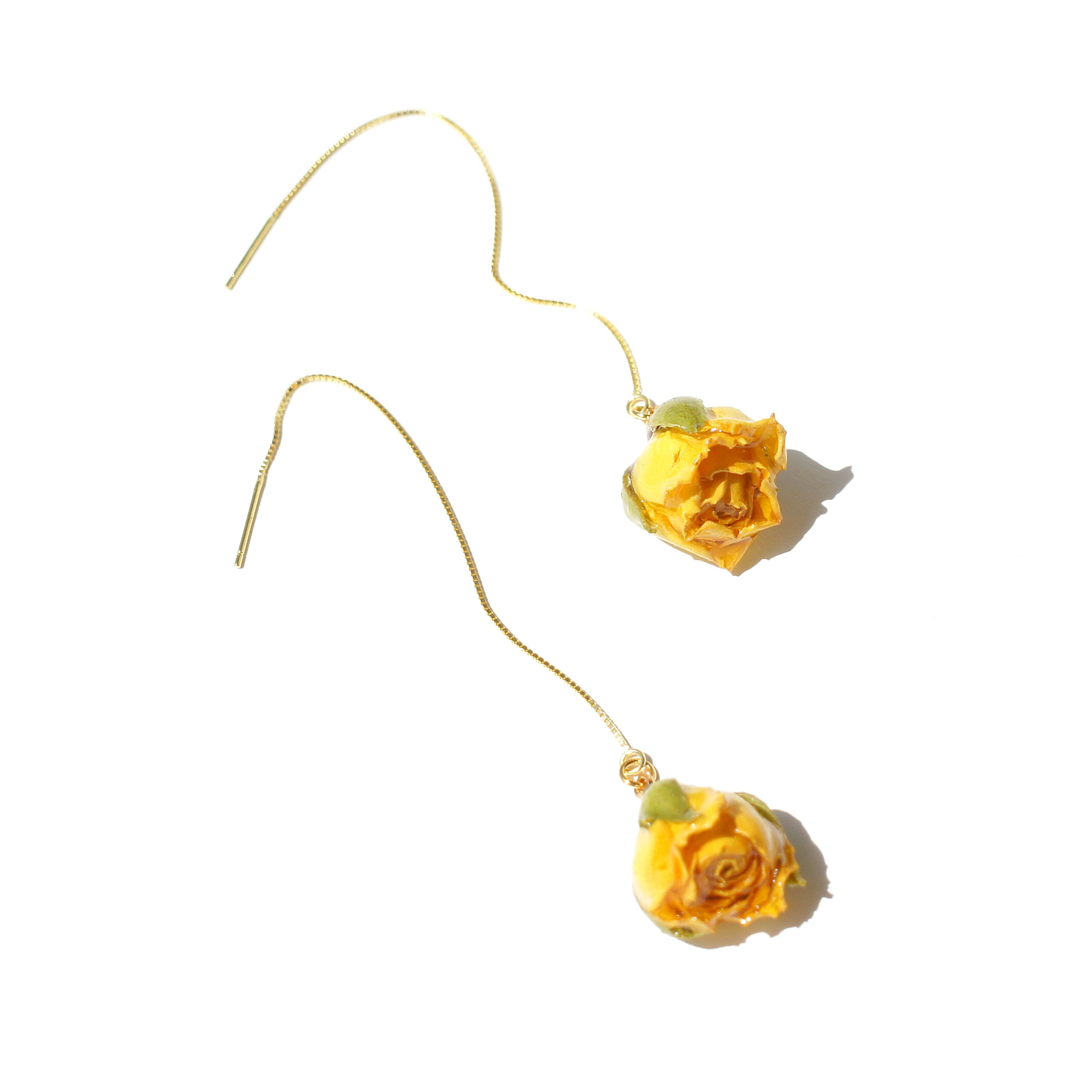 *REAL FLOWER* Rosa Korresia Yellow Rosebud 18K Gold Vermeil Threader Earrings