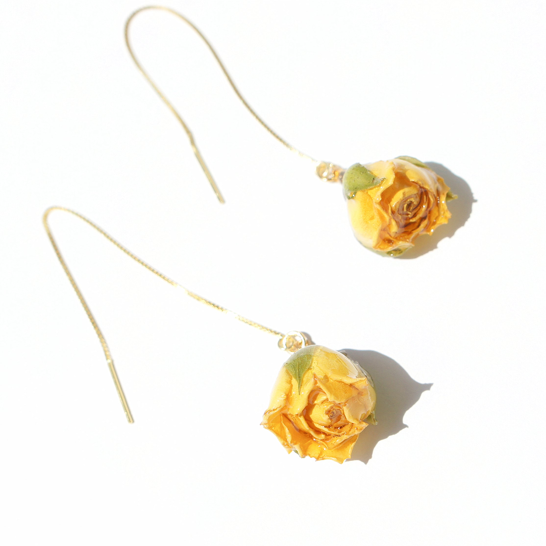 *REAL FLOWER* Rosa Korresia Yellow Rosebud 18K Gold Vermeil Threader Earrings