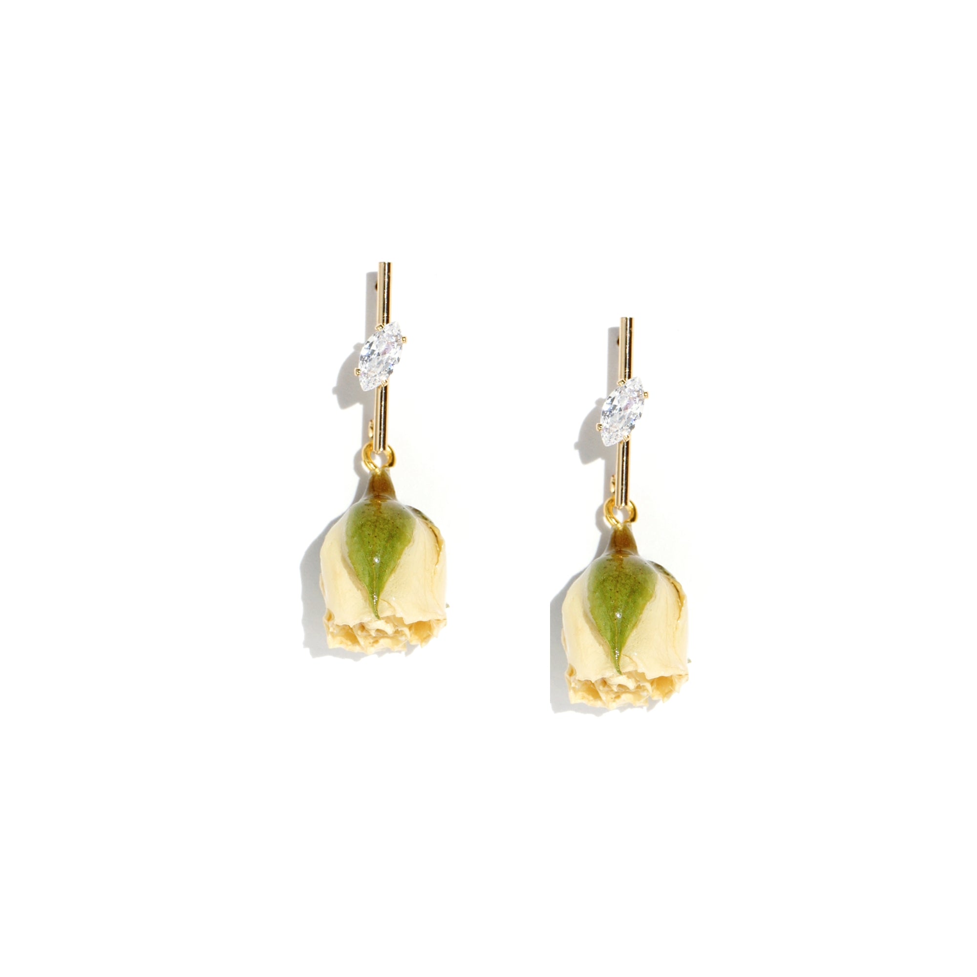 *REAL FLOWER* Rosa Brillante Rosebud Drop Earrings with Golden Stem and Crystal Leaf