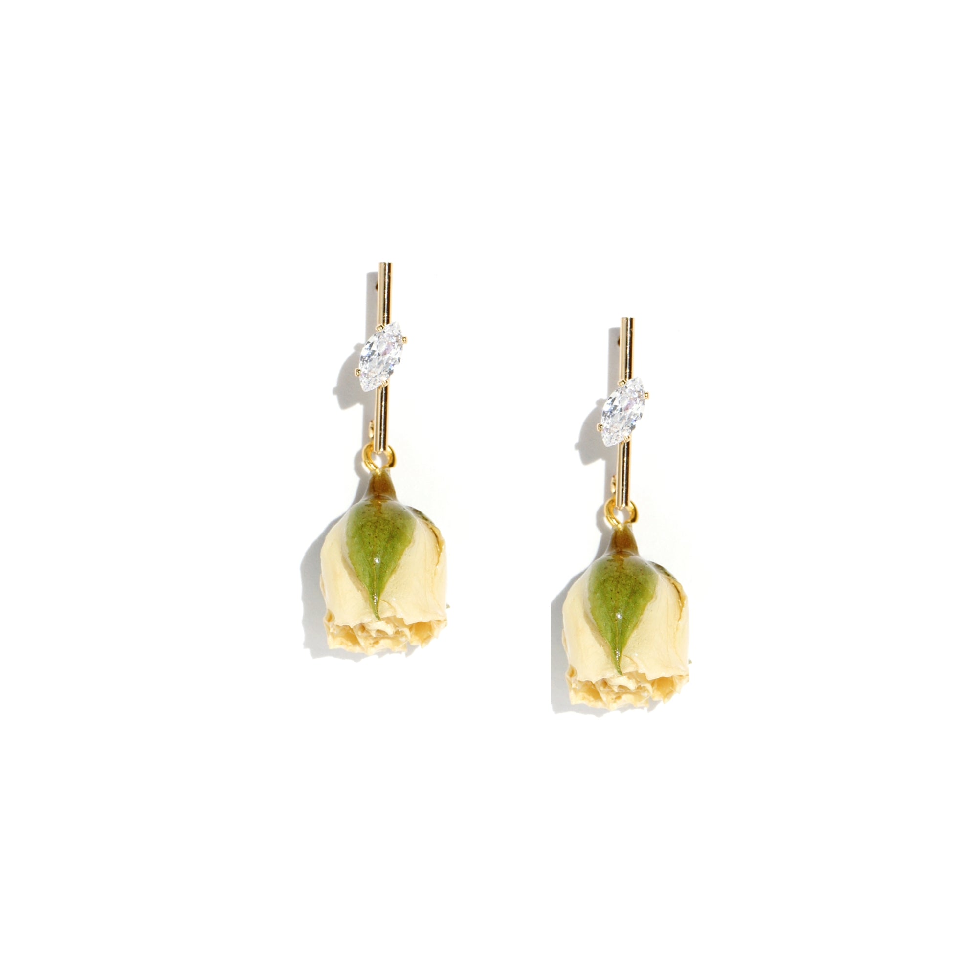 *REAL FLOWER* Rosa Brillante Rosebud Drop Earrings with Golden Stem and Crystal