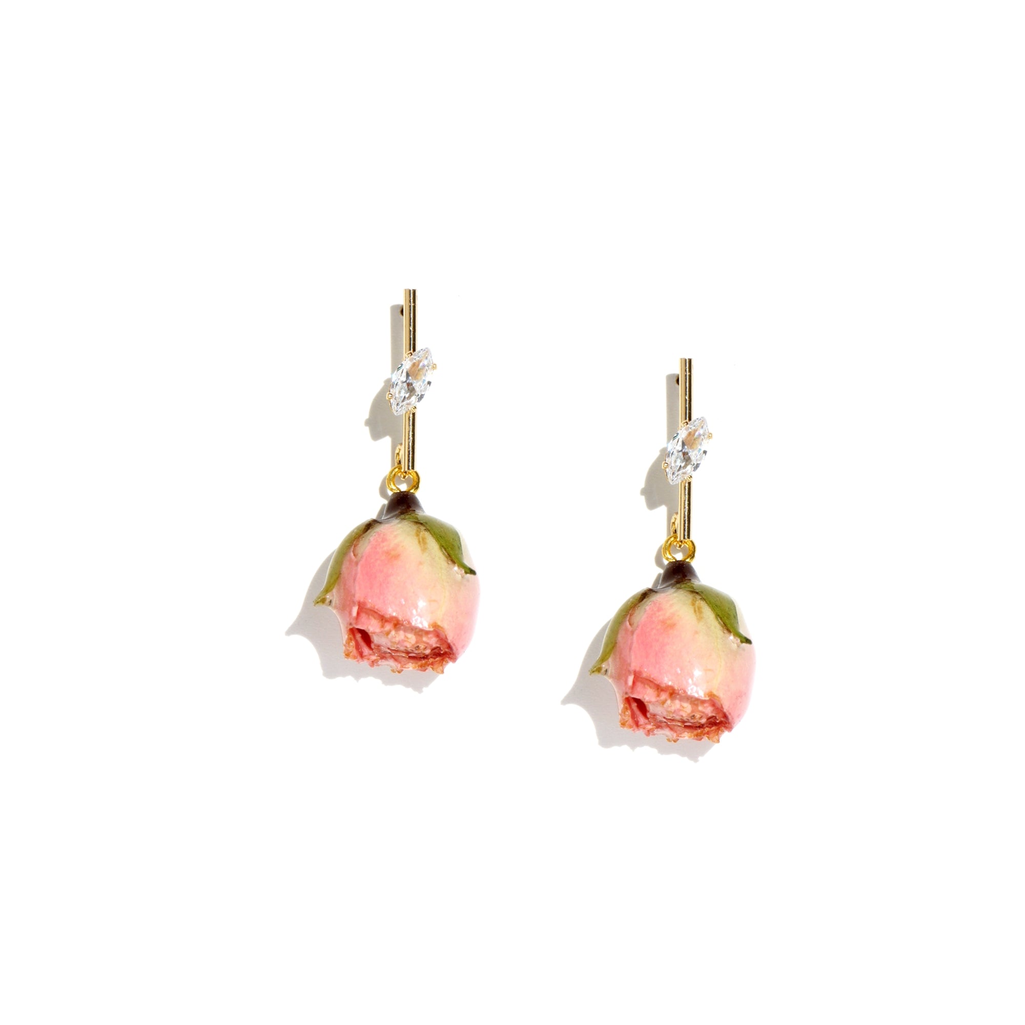 *REAL FLOWER* Rosa Brillante Rosebud Drop Earrings with Golden Stem and Crystal Leaf