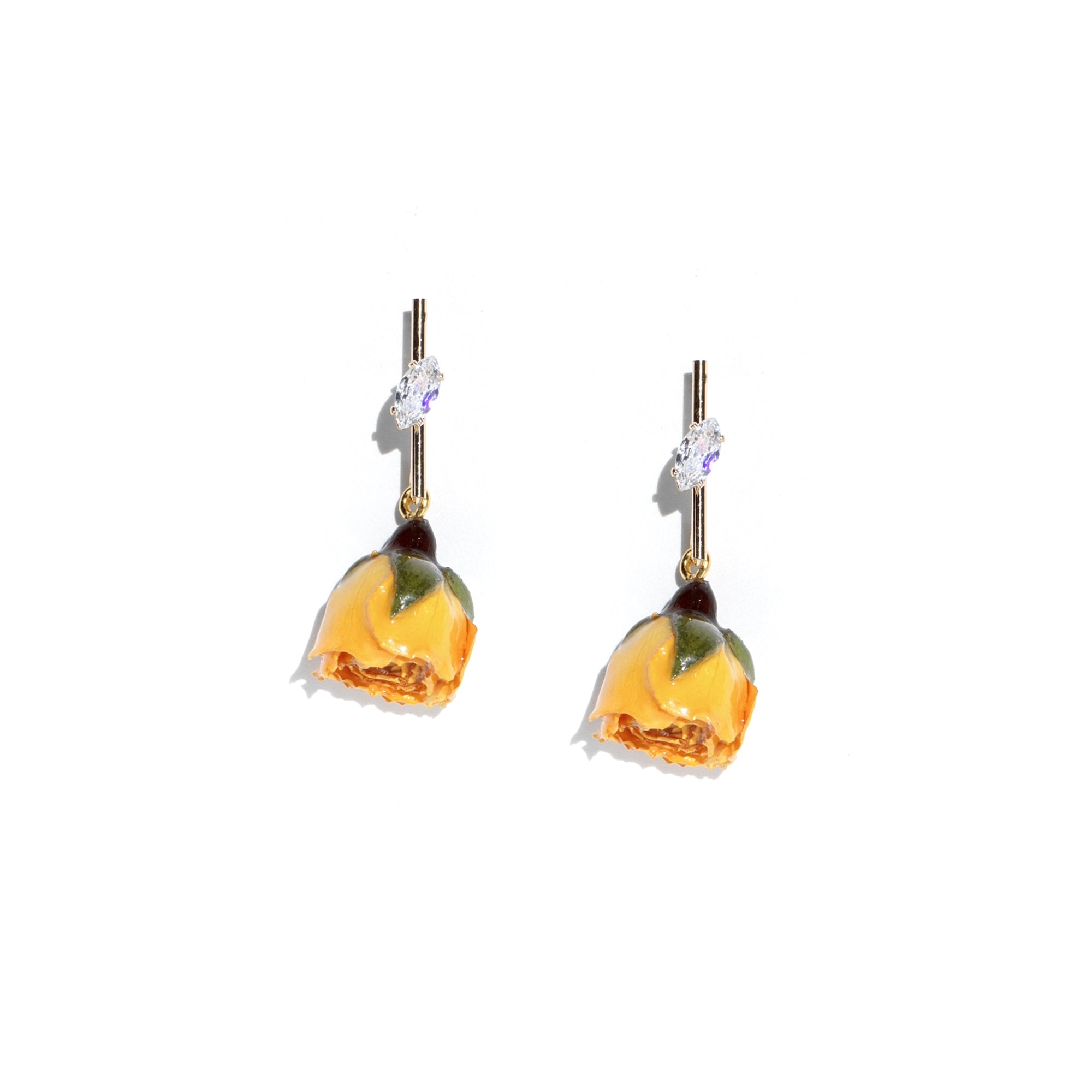 *REAL FLOWER* Rosa Brillante Rosebud Drop Earrings with Golden Stem and Crystal Leaf