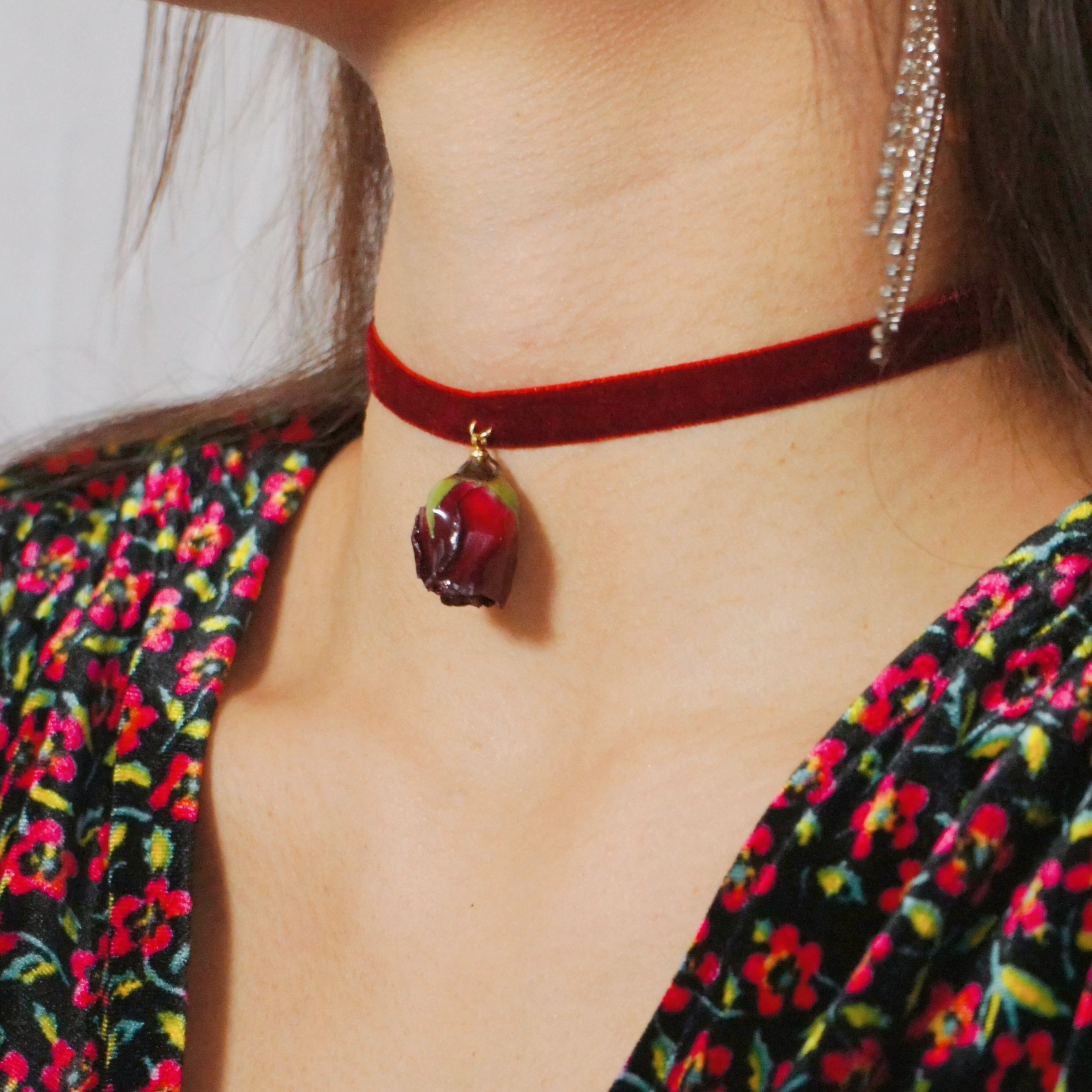 *REAL FLOWER* Grande Amore Rosebud Velour Ribbon Choker/Necklace