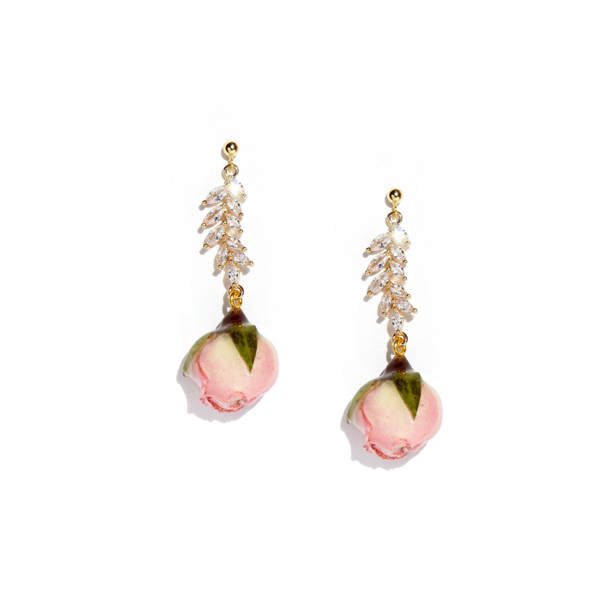 *REAL FLOWER* Rosa Brillante Rosebud Drop Earrings with Crystal Leaves