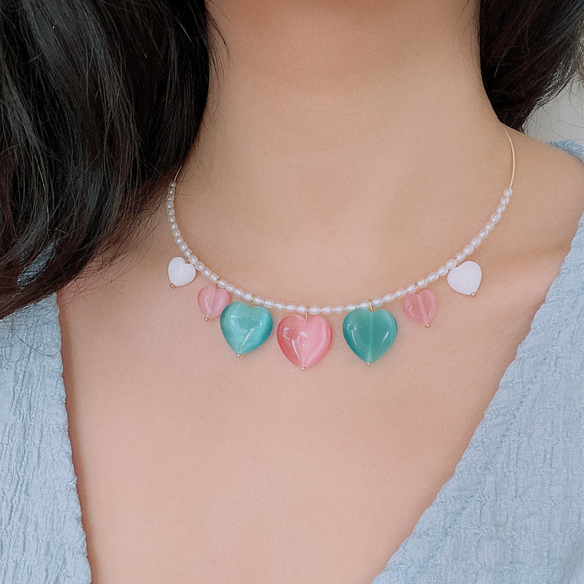Serenity Freshwater Pearl Open Choker Necklace with Heart Charms