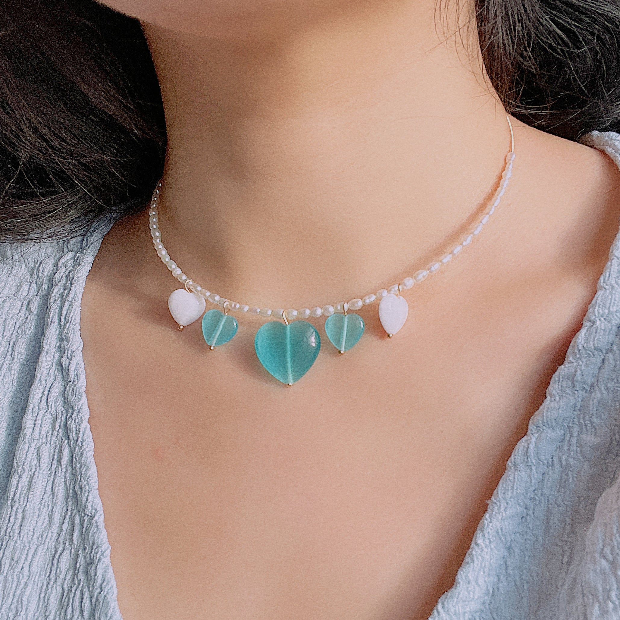 Serenity Freshwater Pearl Open Choker Necklace with Heart Charms