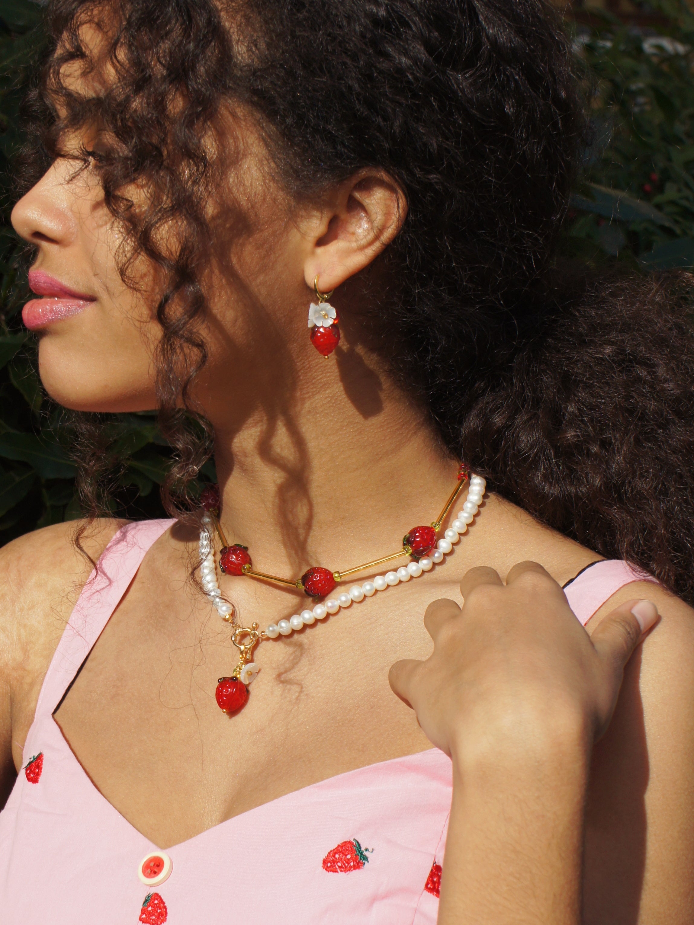 Strawberry and Mother of Pearl Flower Drop Earrings