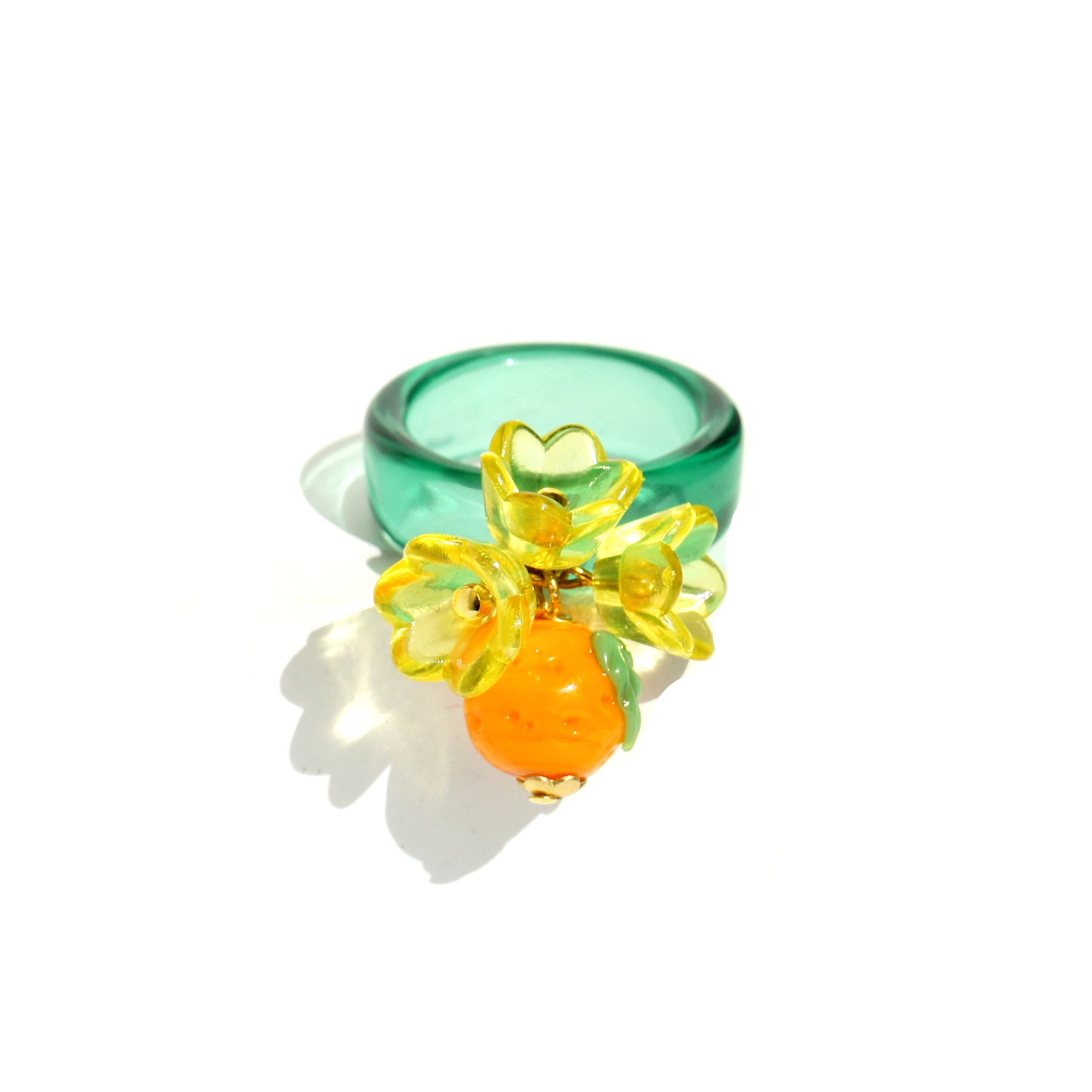 Cutie Pie Lampwork Glass Tangerine and Flower Charm Resin Ring