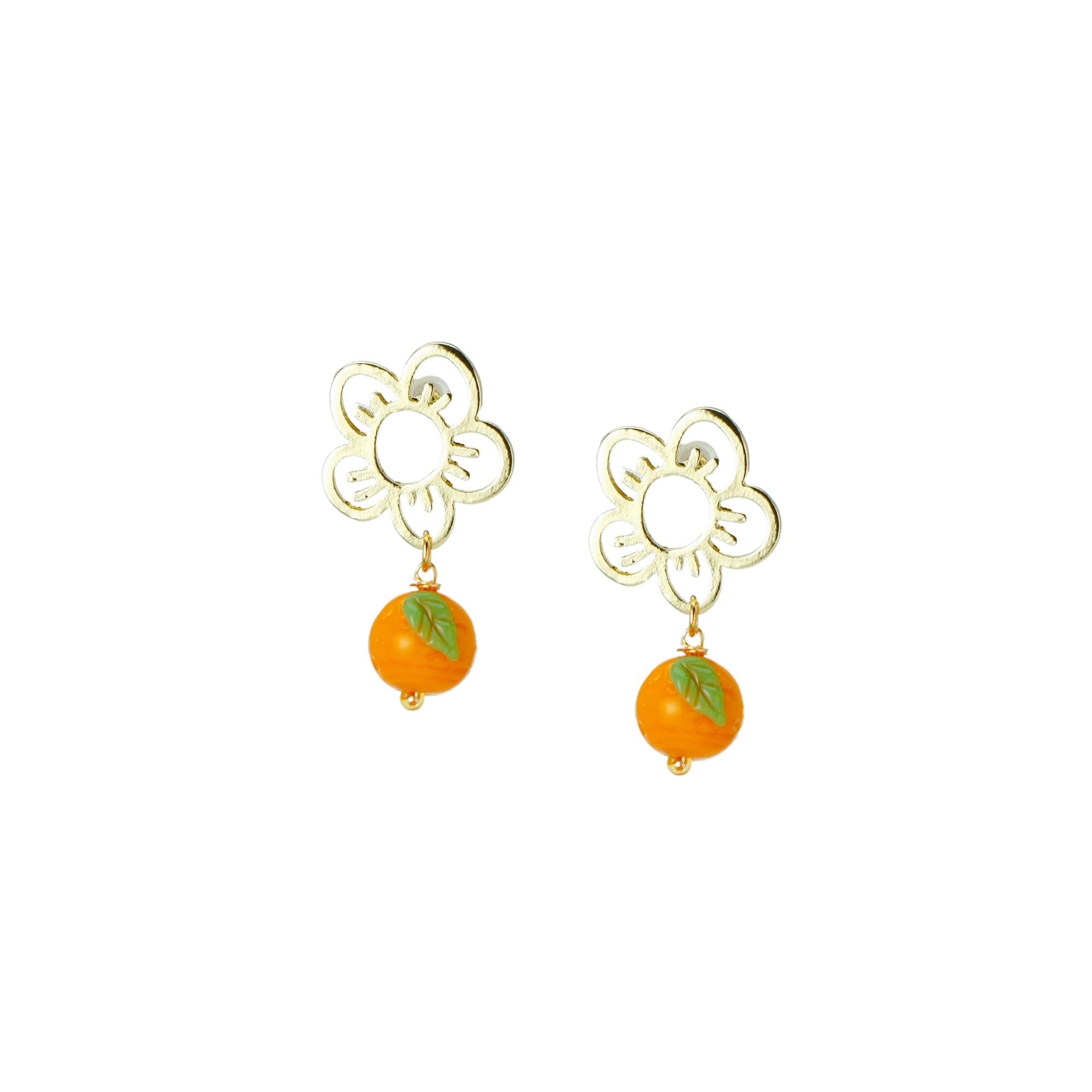 Cutie Pie Lampwork Glass Tangerine Drop Earrings with Flower Studs