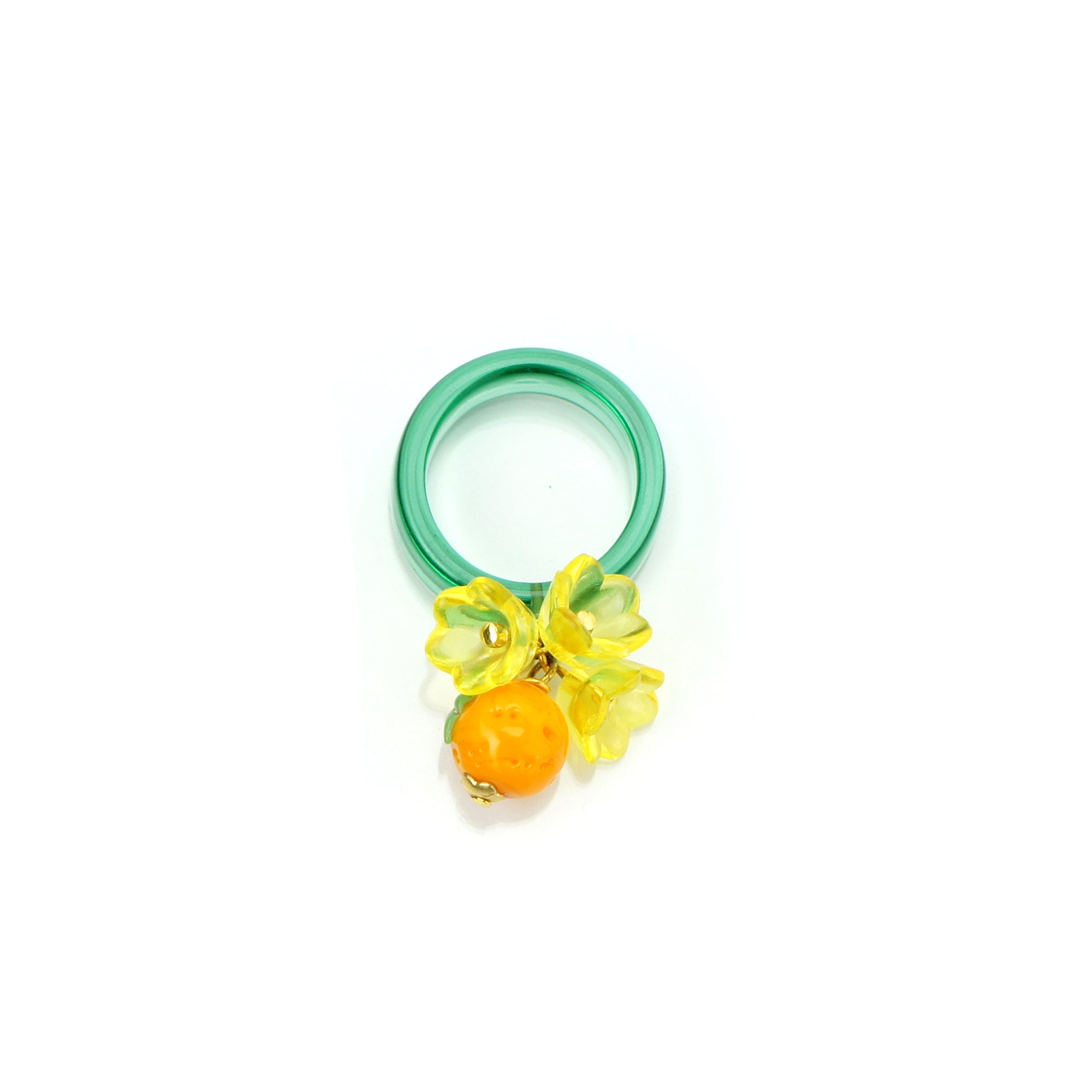 Cutie Pie Lampwork Glass Tangerine and Flower Charm Resin Ring