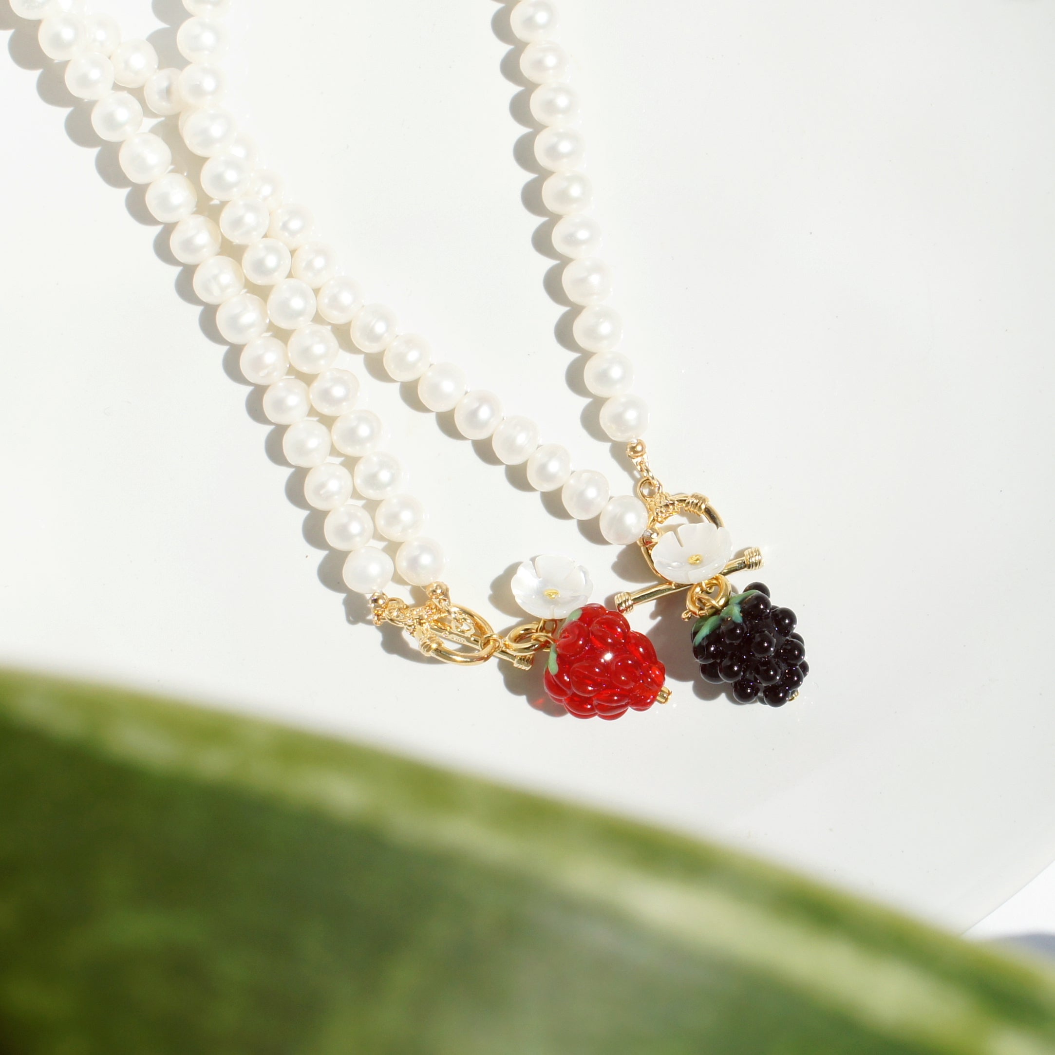 Very Berry Freshwater Pearl Necklace with Lampwork Glass Raspberry Pendant