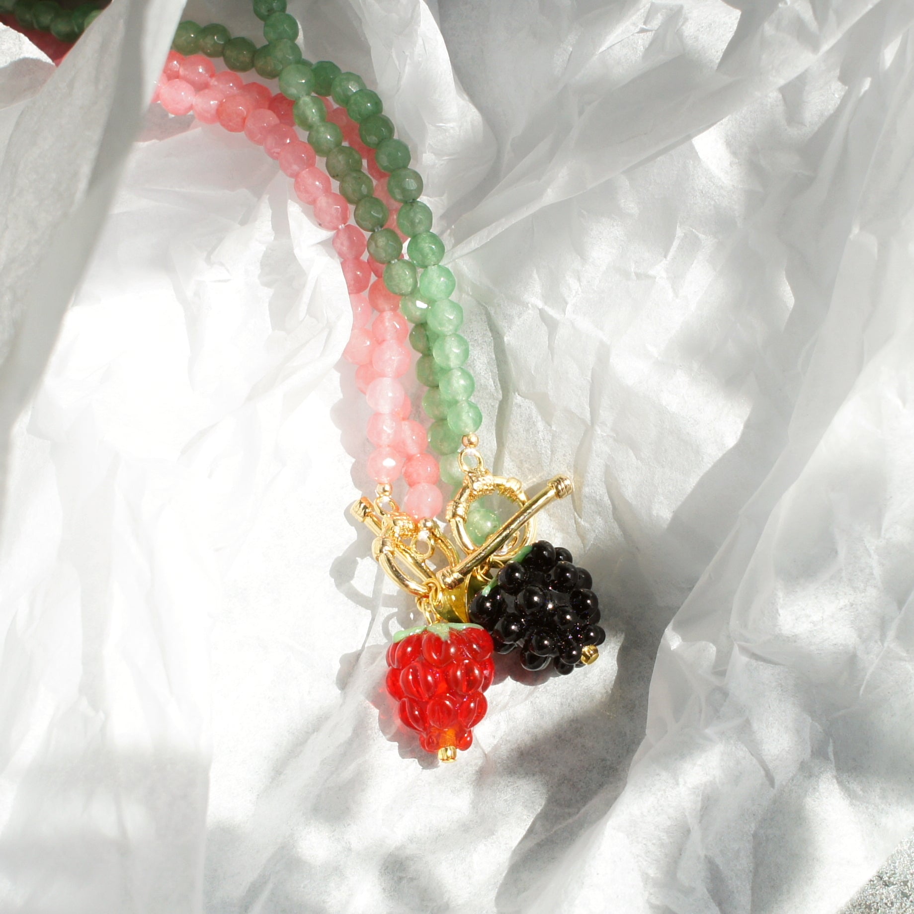 Very Berry Gemstone Choker Necklace with Lampwork Glass Raspberry Pendant