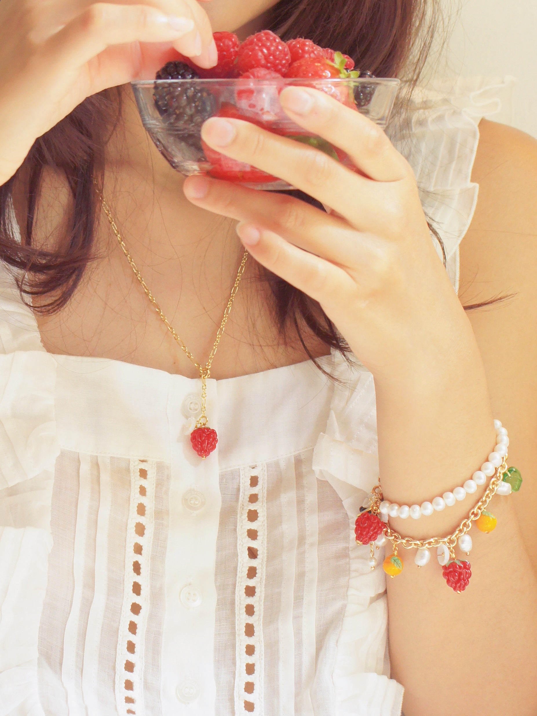 Very Berry Freshwater Pearl Bracelet with Lampwork Glass Raspberry and Mother of Pearl Flower Charm