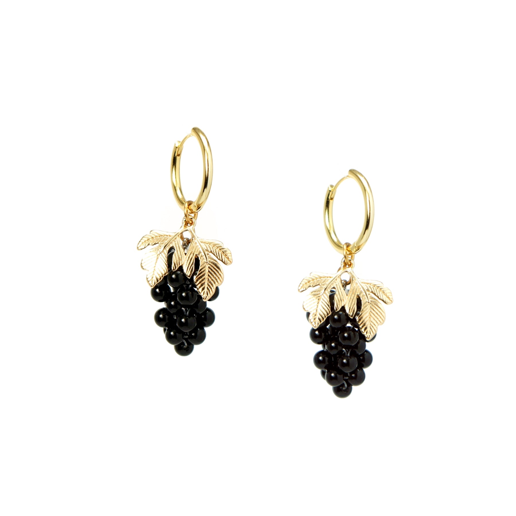 Very Grapeful Beaded Gemstone Grape Drop Hoop Earrings with Golden Leaves